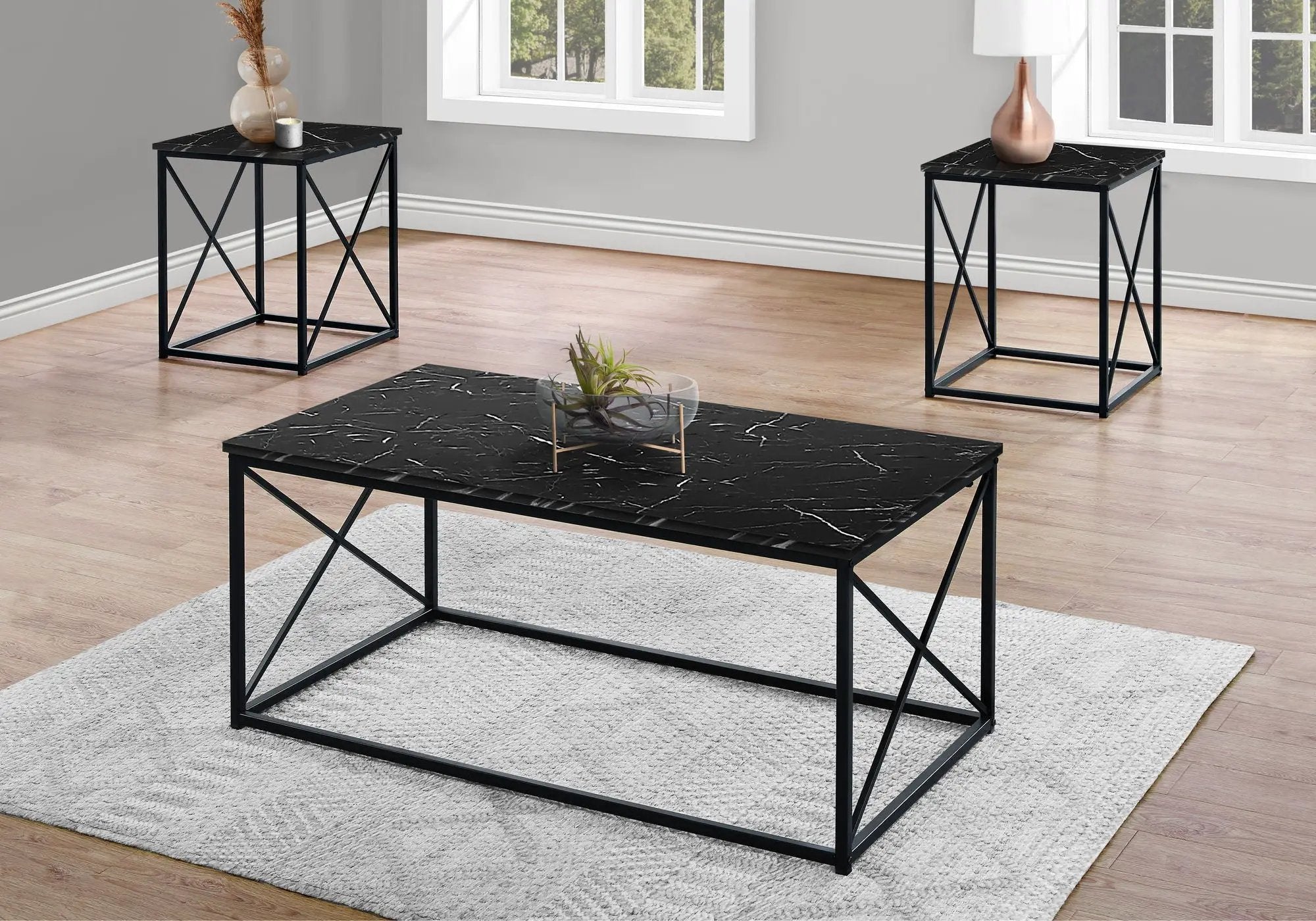 Table Set, Coffee, End, Side, Accent, Living Room, Marble Look Laminate, Contemporary & Modern (Set of 3) by Unique Piece Furniture
