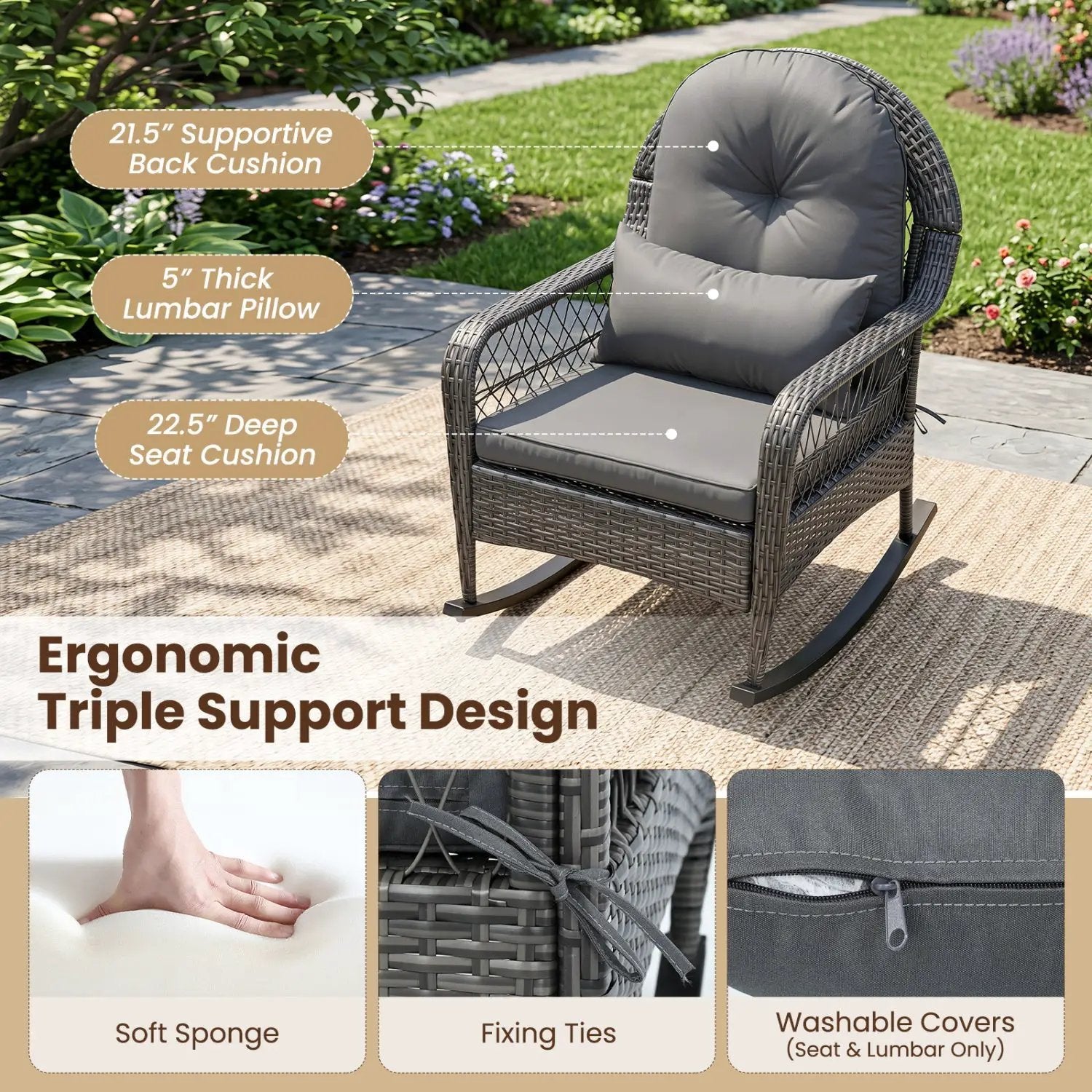 Patio Rattan Rocking Chair with Cushions - 400 LBS Capacity by DirectDeals