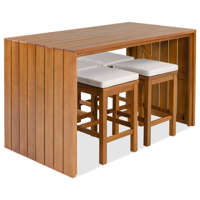 5 Piece Outdoor Bar Set with Acacia Wood Table & Cushioned Stools by HouseOfZazla
