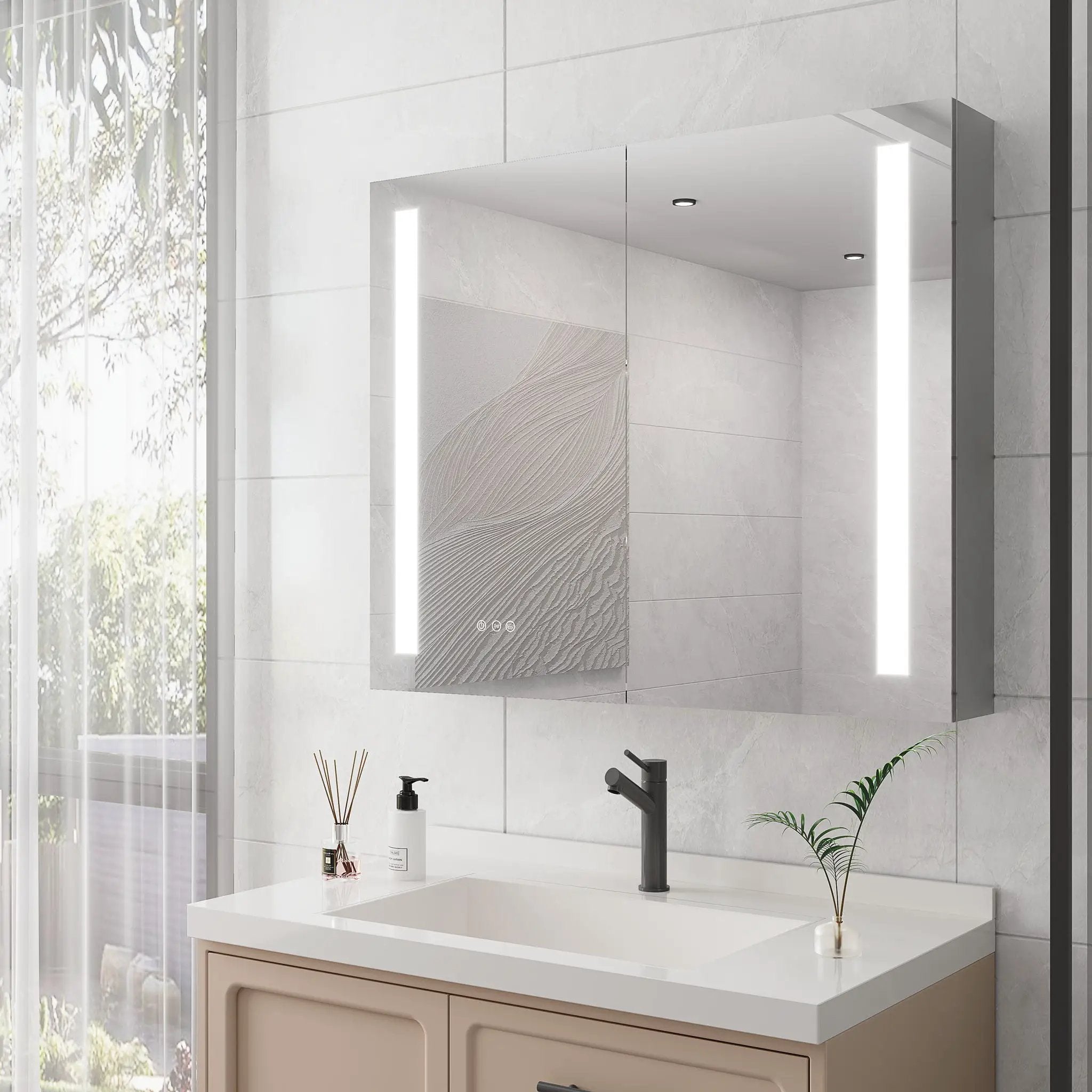 LED Medicine Cabinet With Mirror, Double Door With Defogger, Dimmer, Surface Mount by HouseOfZazla