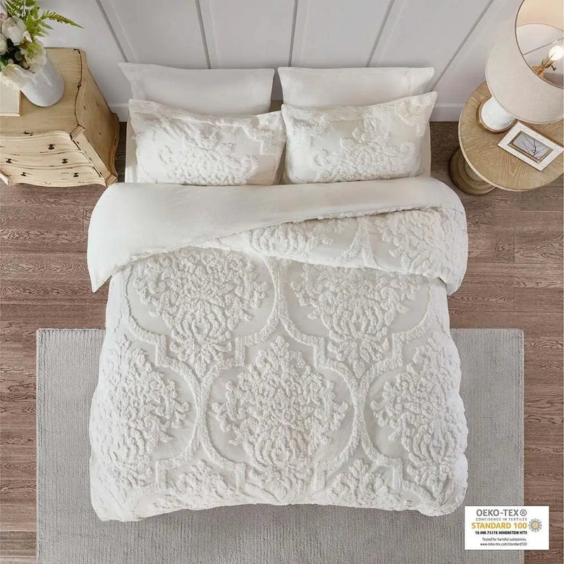 King/Cal King 3 Piece Tufted Cotton Chenille Damask Duvet Cover Set by HouseOfZazla