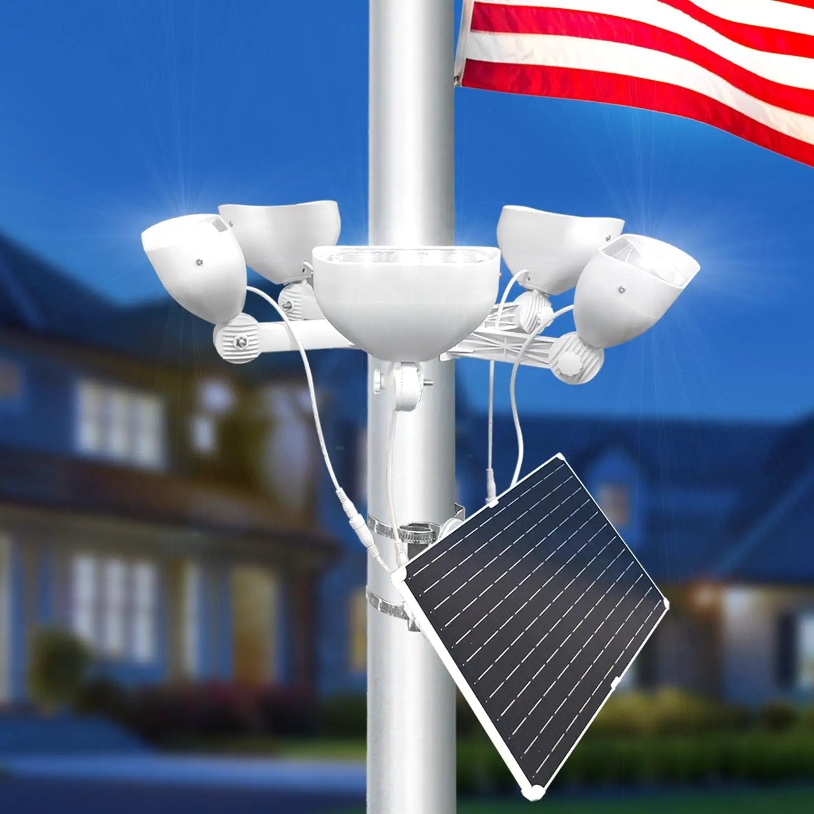 800W Solar Flag Pole Light for 15-40ft flagpole 5 Spotlights，Adjustable Clamps Fits 3-6''Diameter Inground Poles from Dusk to Dawn by Outdoor Solar Outlet