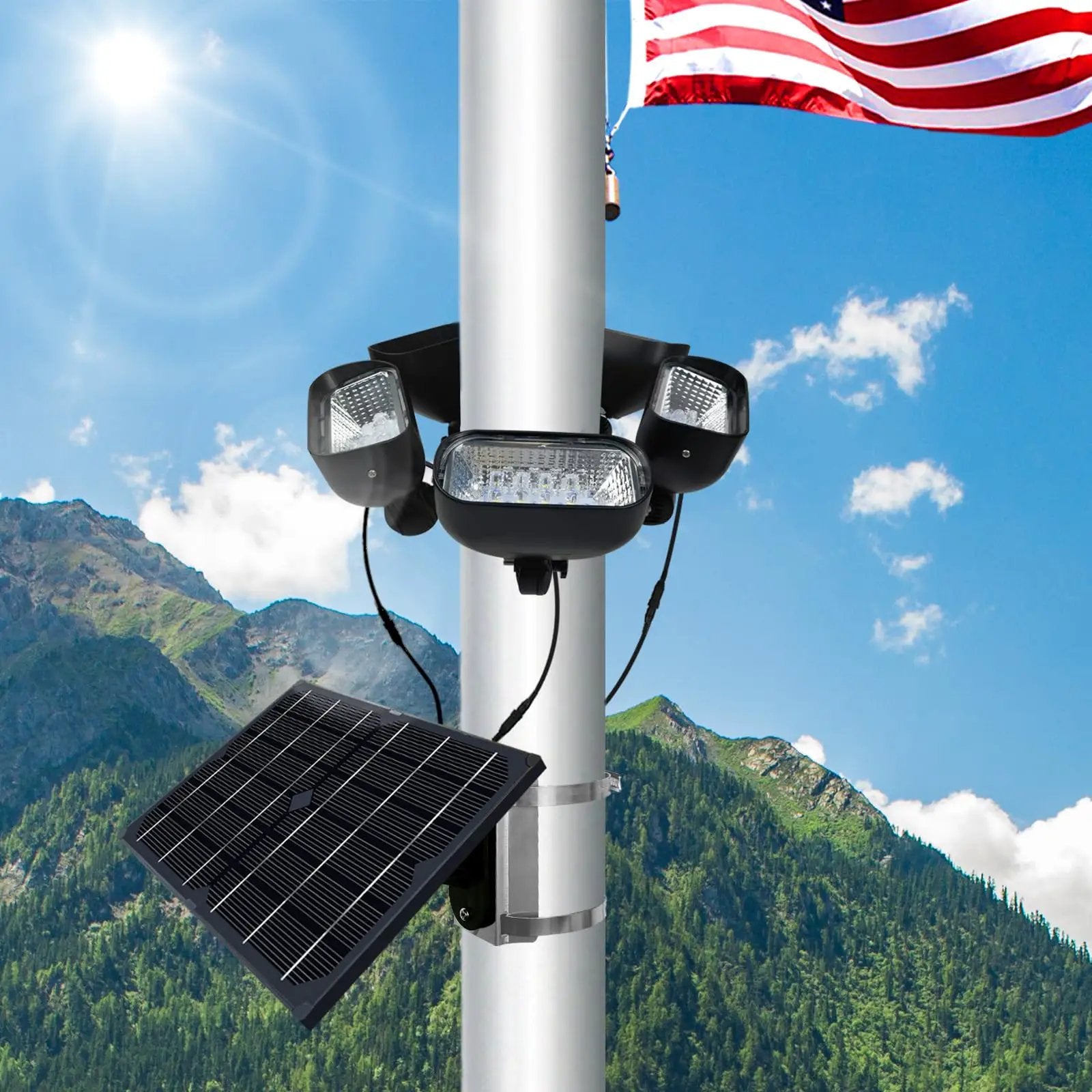 800W Solar Flag Pole Light for 15-40ft flagpole 5 Spotlights，Adjustable Clamps Fits 3-6''Diameter Inground Poles from Dusk to Dawn by Outdoor Solar Outlet