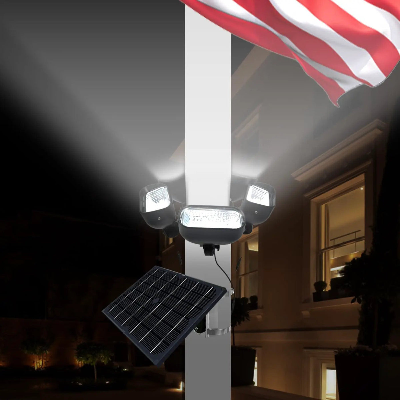 800W Solar Flag Pole Light for 15-40ft flagpole 5 Spotlights，Adjustable Clamps Fits 3-6''Diameter Inground Poles from Dusk to Dawn by Outdoor Solar Outlet