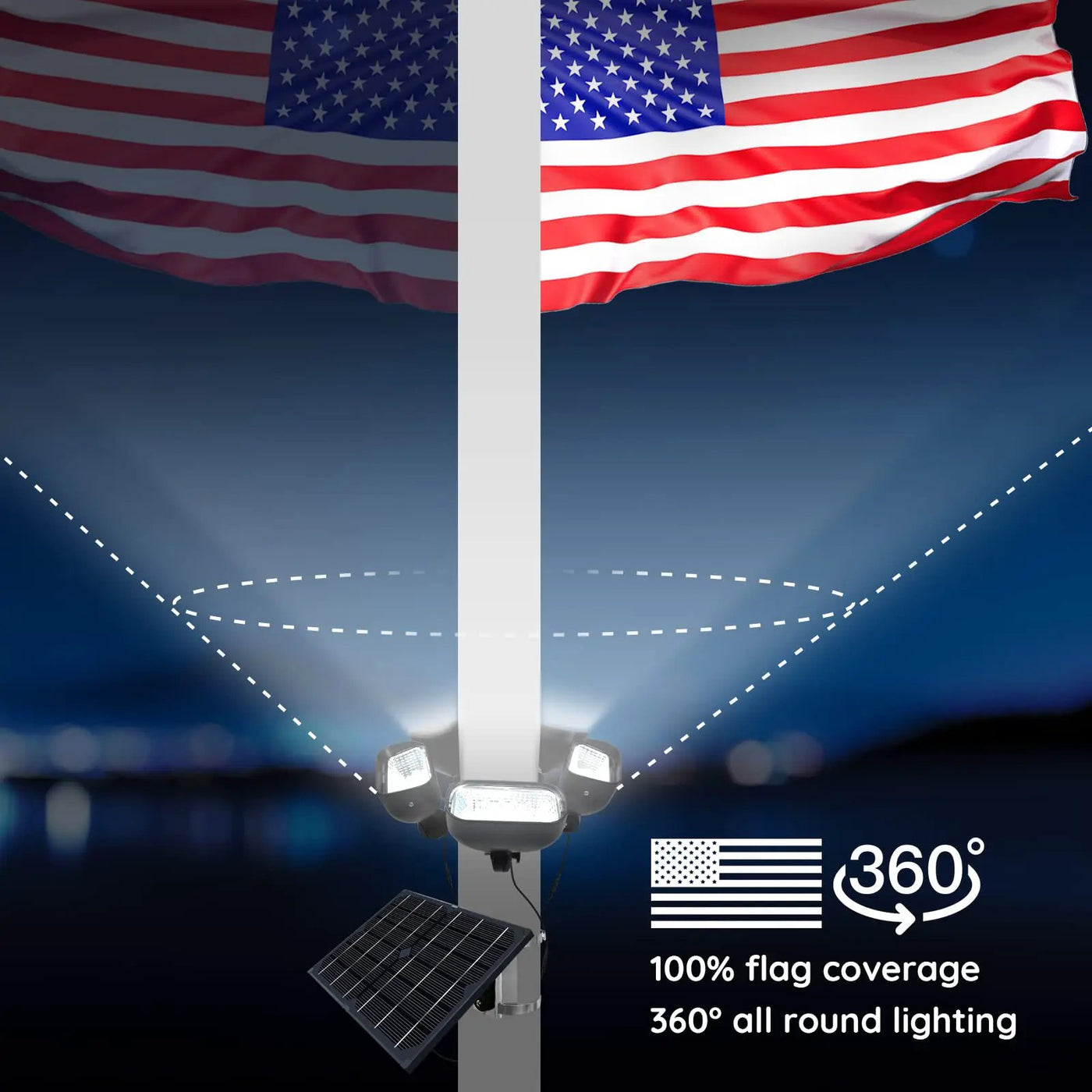 800W Solar Flag Pole Light for 15-40ft flagpole 5 Spotlights，Adjustable Clamps Fits 3-6''Diameter Inground Poles from Dusk to Dawn by Outdoor Solar Outlet
