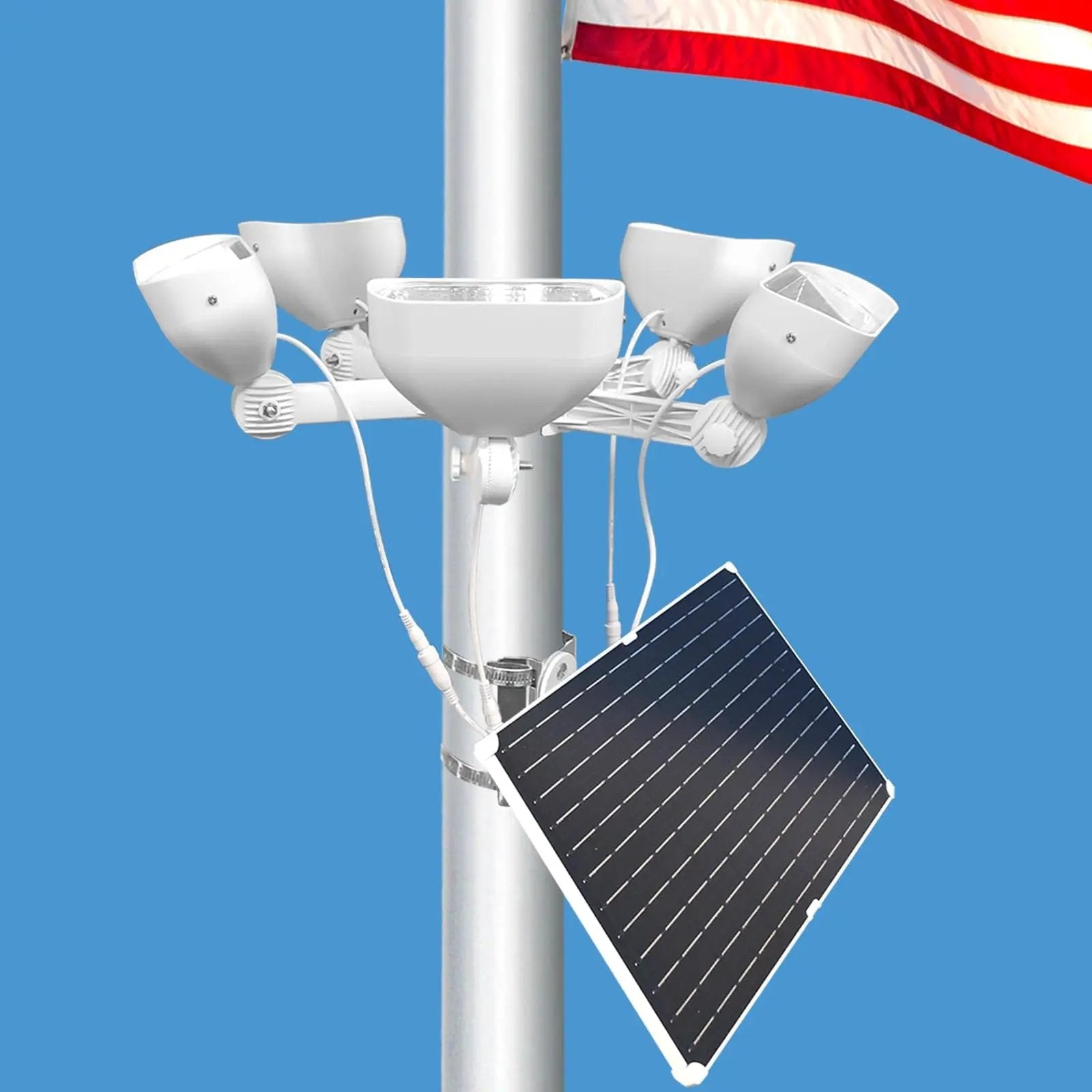 800W Solar Flag Pole Light for 15-40ft flagpole 5 Spotlights，Adjustable Clamps Fits 3-6''Diameter Inground Poles from Dusk to Dawn by Outdoor Solar Outlet