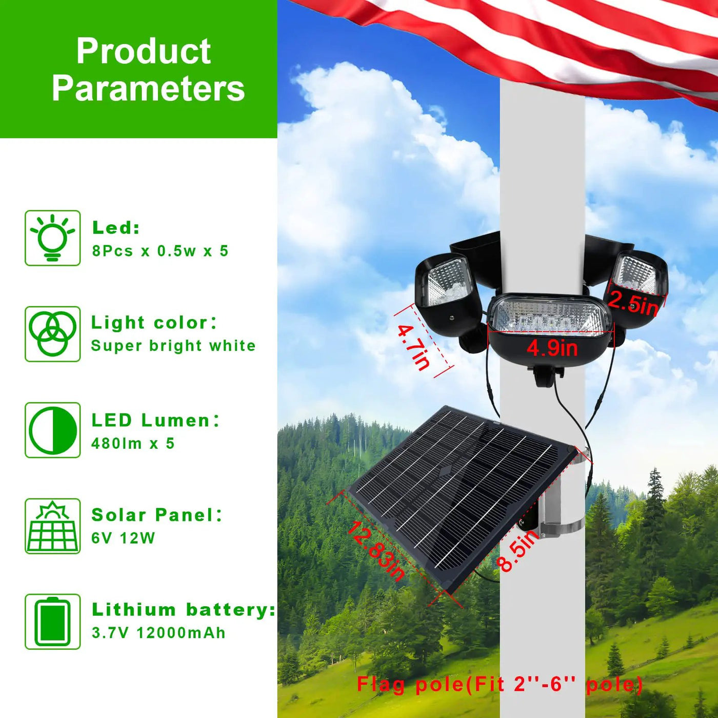 800W Solar Flag Pole Light for 15-40ft flagpole 5 Spotlights，Adjustable Clamps Fits 3-6''Diameter Inground Poles from Dusk to Dawn by Outdoor Solar Outlet