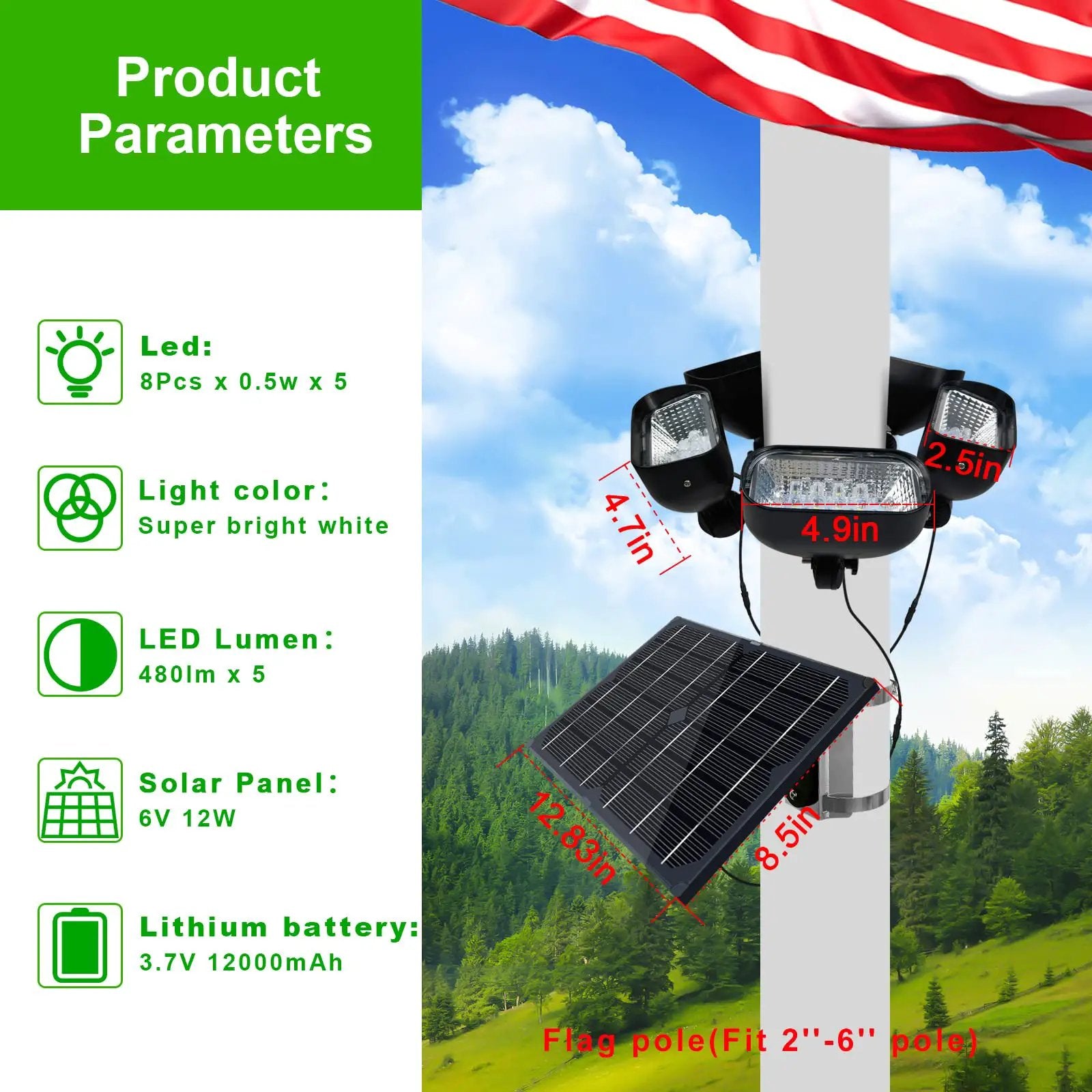 800W Solar Flag Pole Light for 15-40ft flagpole 5 Spotlights，Adjustable Clamps Fits 3-6''Diameter Inground Poles from Dusk to Dawn by Outdoor Solar Outlet