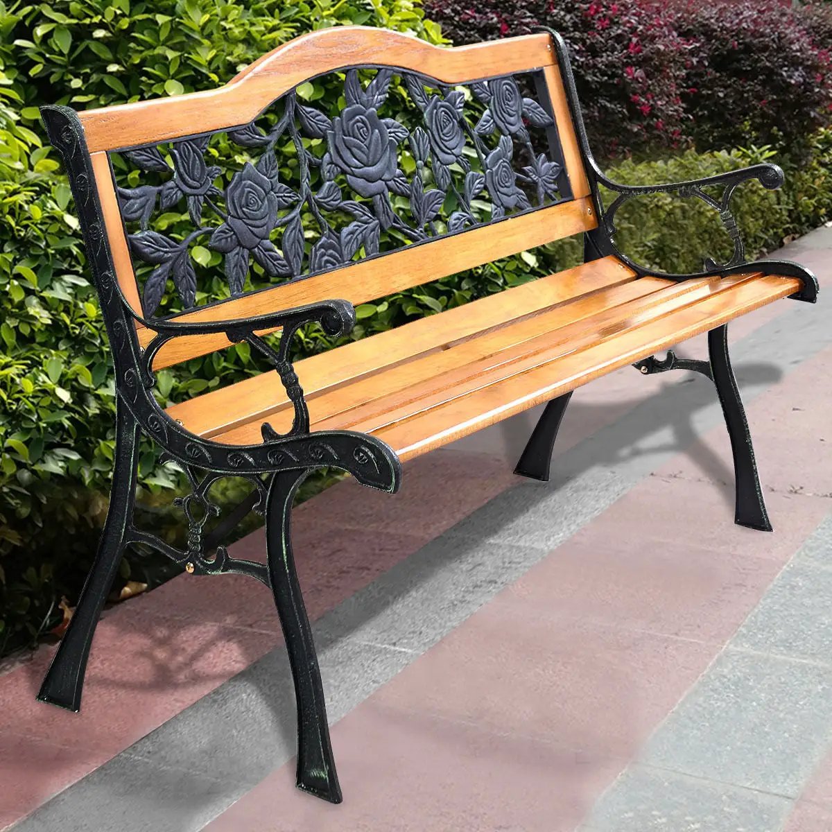 Garden Bench Chair Outdoor Wooden Loveseat with Iron Armrest by DirectDeals
