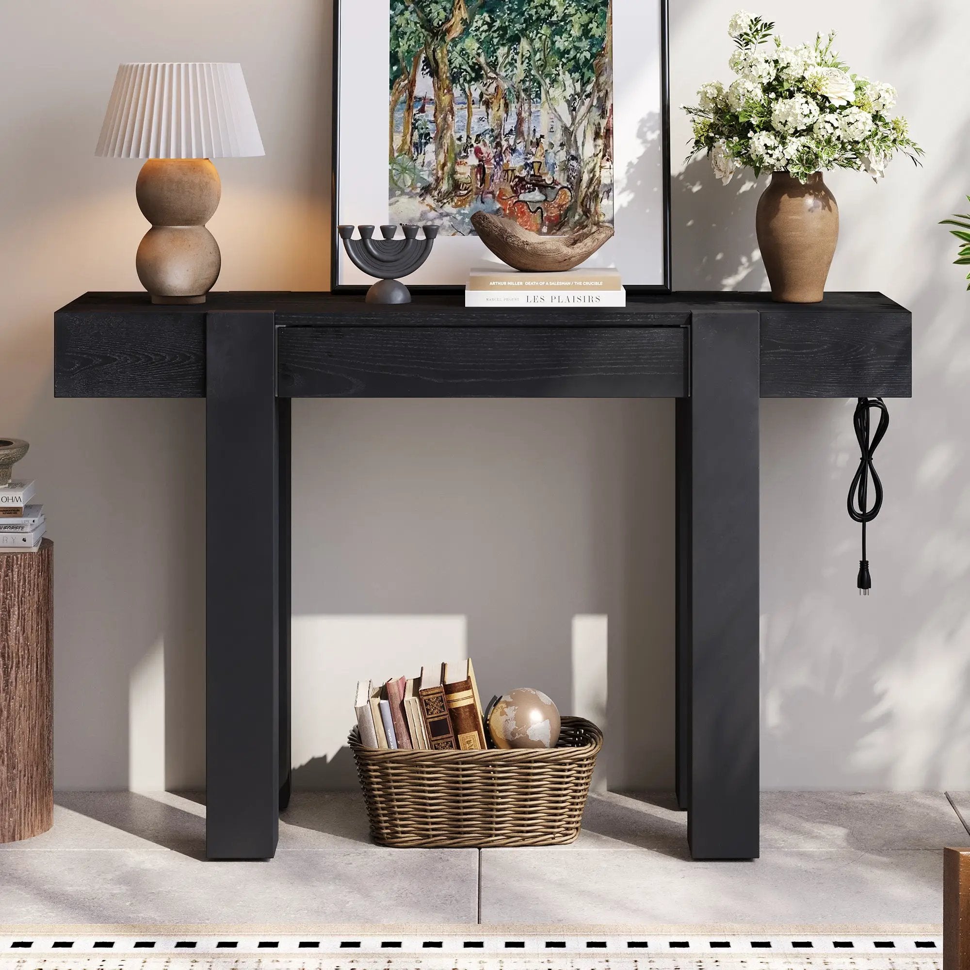 TREXM Rustic Minimalist Console Table with Hidden Drawer, Side Power Outlet by HouseOfZazla