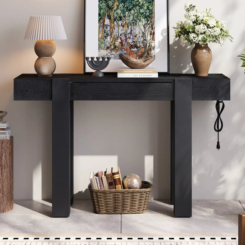 TREXM Rustic Minimalist Console Table with Hidden Drawer, Side Power Outlet by HouseOfZazla