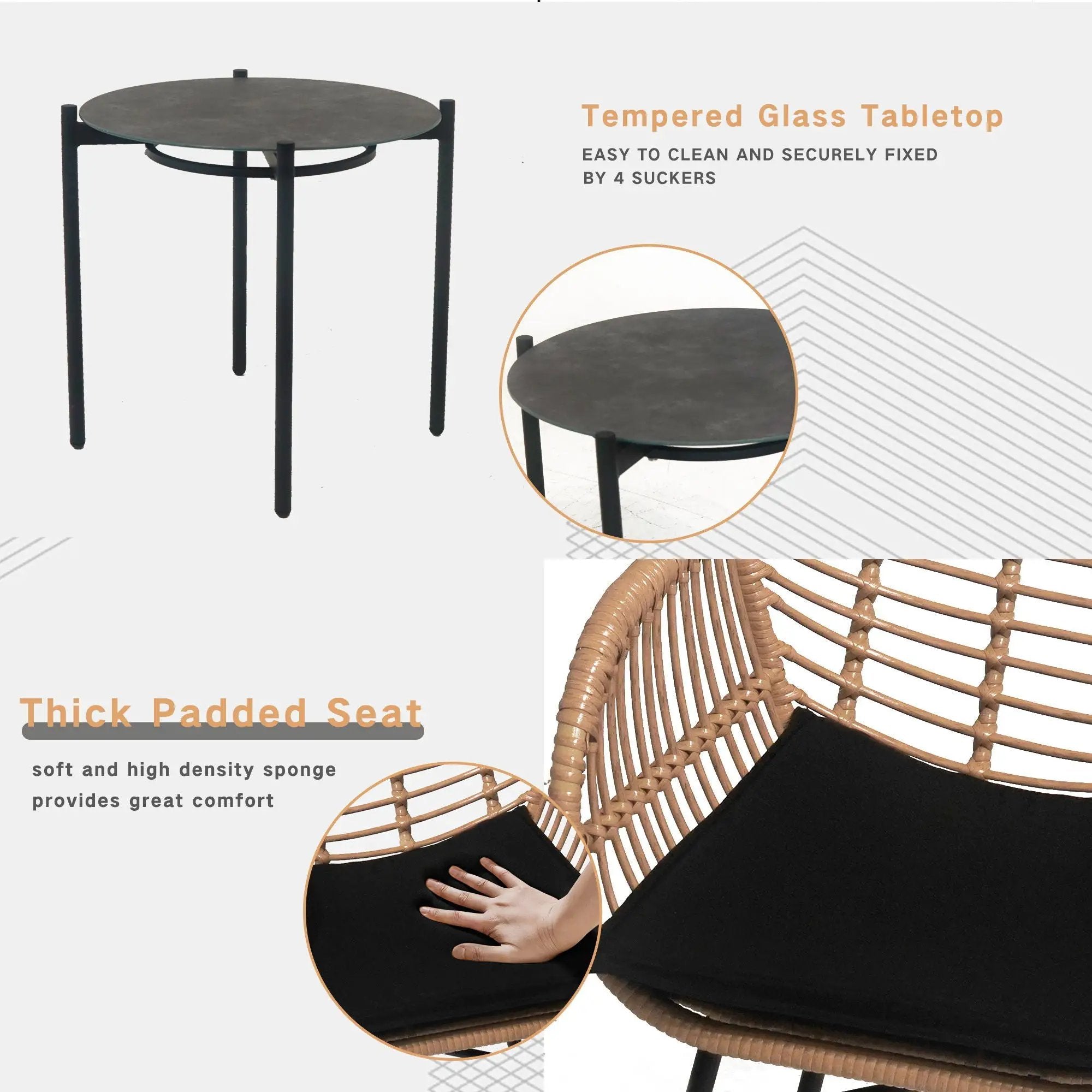 3 Pieces Of Luxury Outdoor Wicker Furniture, Patio Bistro Style Table And Chair Combination, Weather Resistant PE Wicker Weave, Suitable For Garden - Black / Natural by HouseOfZazla