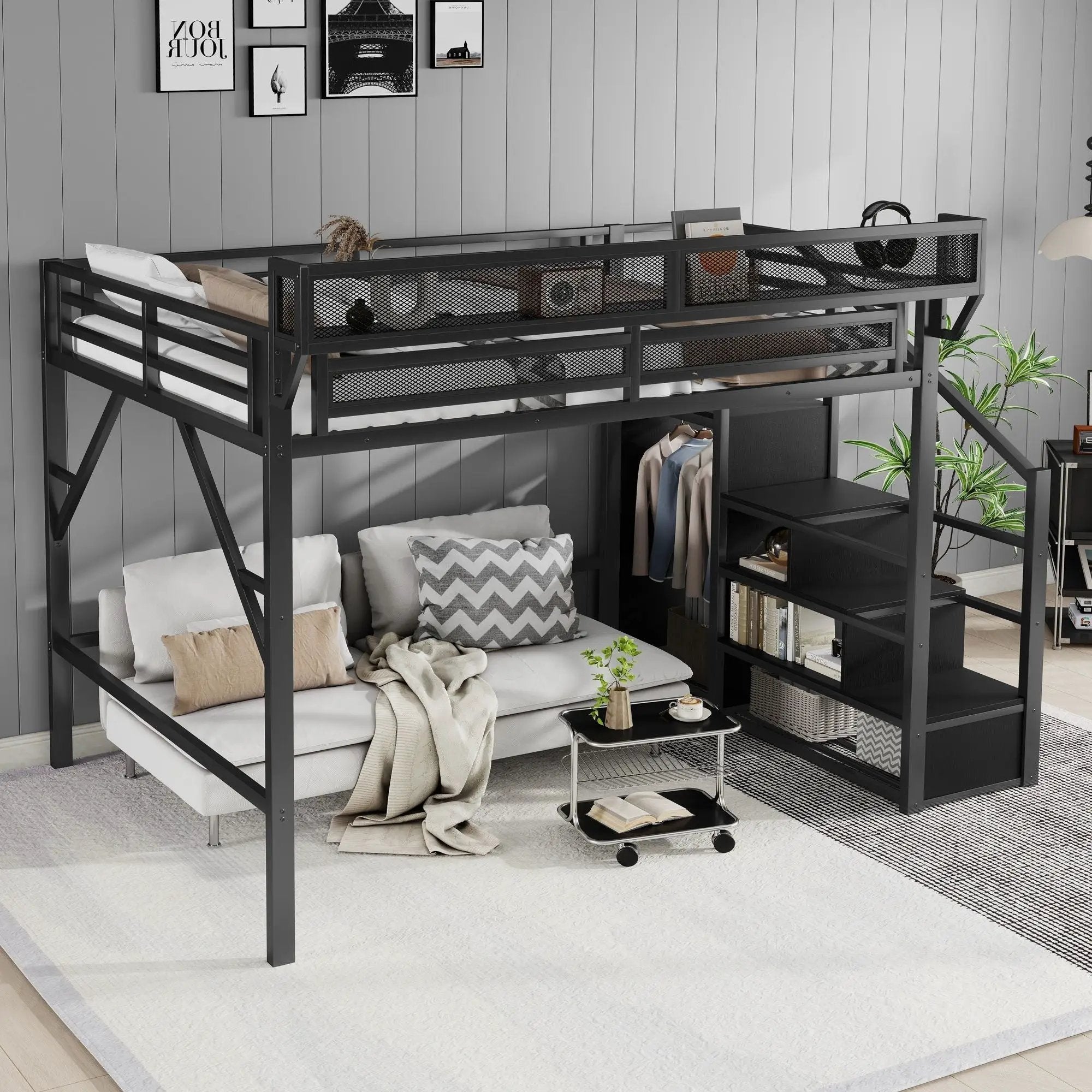 Queen Size Loft Bed With Stairs, Storage Shelves, Wardrobe - Black by Unique Piece Furniture