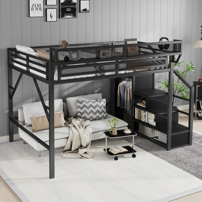 Queen Size Loft Bed With Stairs, Storage Shelves, Wardrobe - Black by Unique Piece Furniture