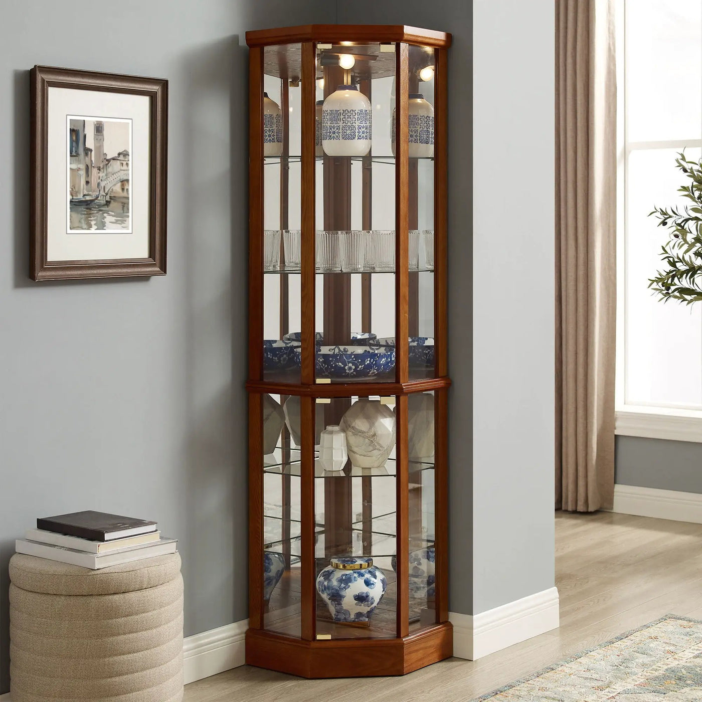 6 Shelf Lighted Corner Curio Cabinet With Adjustable Tempered Glass Shelves And Mirror Back (E26 Light Bulb Not Included) by Unique Piece Furniture