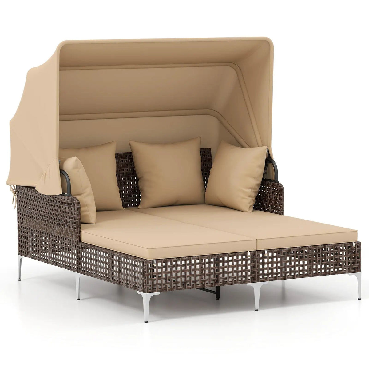 Outdoor Daybed with Retractable Canopy PE Wicker Rattan Patio Lounger, photo 6 of 16