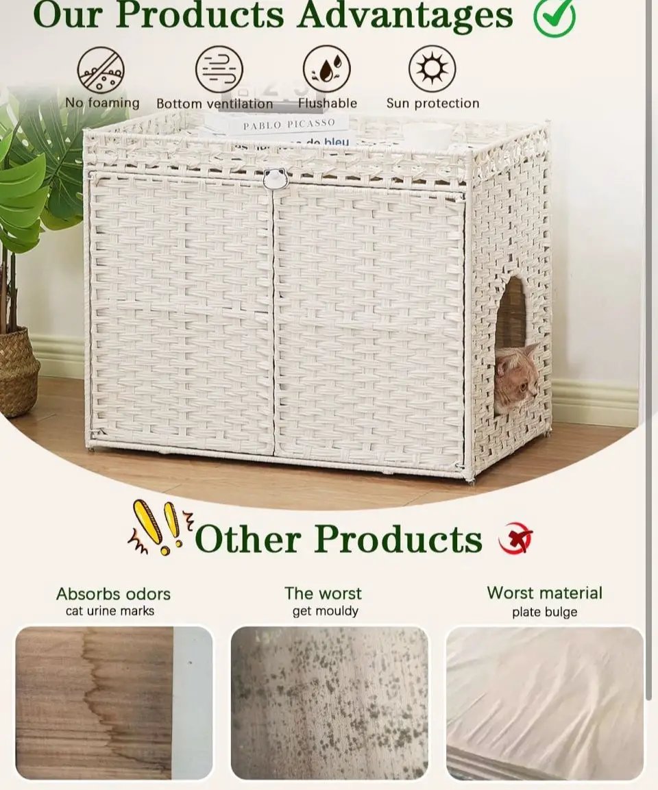 Brand New SETVSON Cat Litter Box Enclosure Furniture, Handwoven Rattan Hidden Litter Box with Mat, Large Space Cat House with 2 S-Shaped Hooks 30.3 x 18.3 x 24.4 Inches, Indoor for Living Room Apartment White PABLO by Selzalot