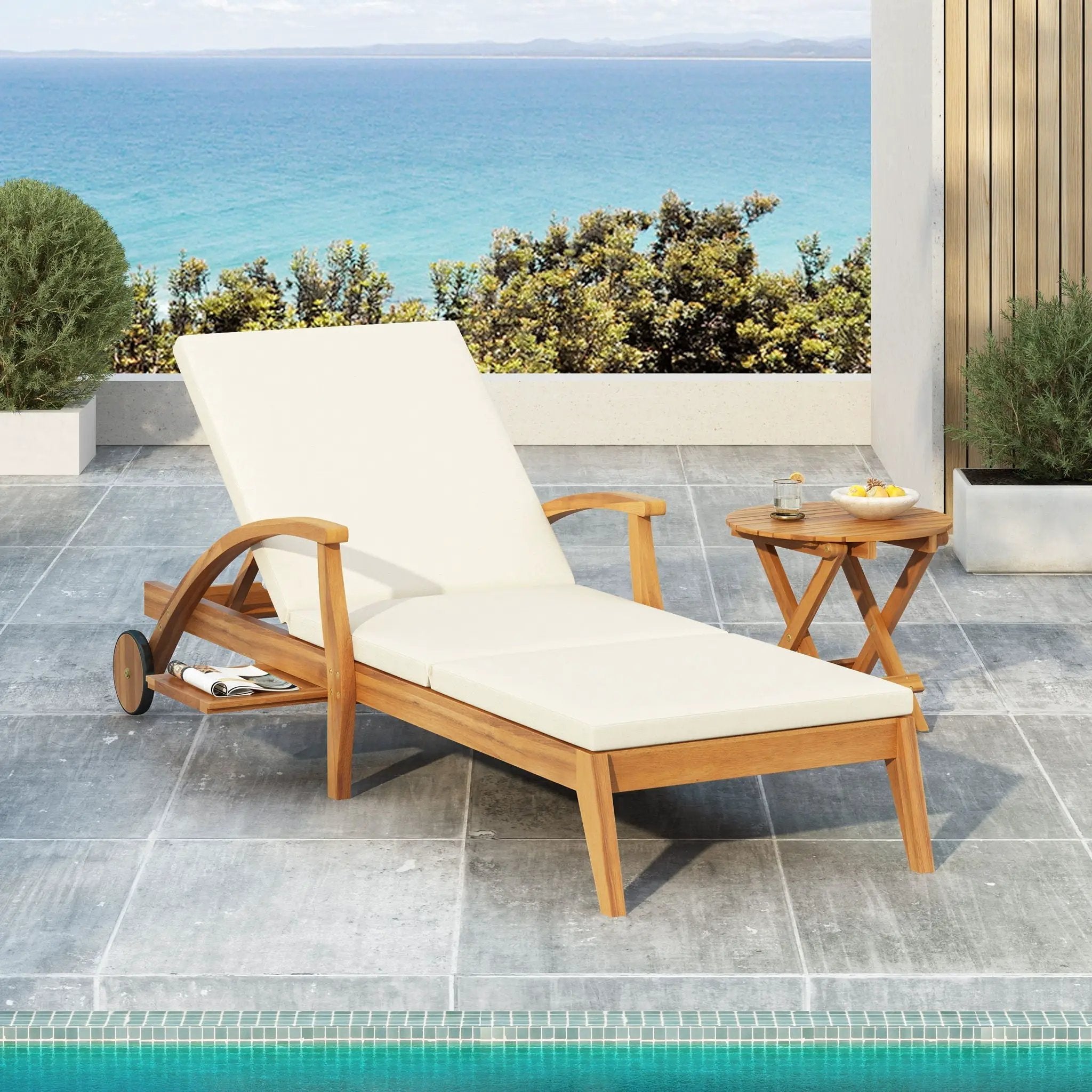 Versatile Chaise Lounge With Wheels Acacia Wood Recliner For Patio - Cream by HouseOfZazla