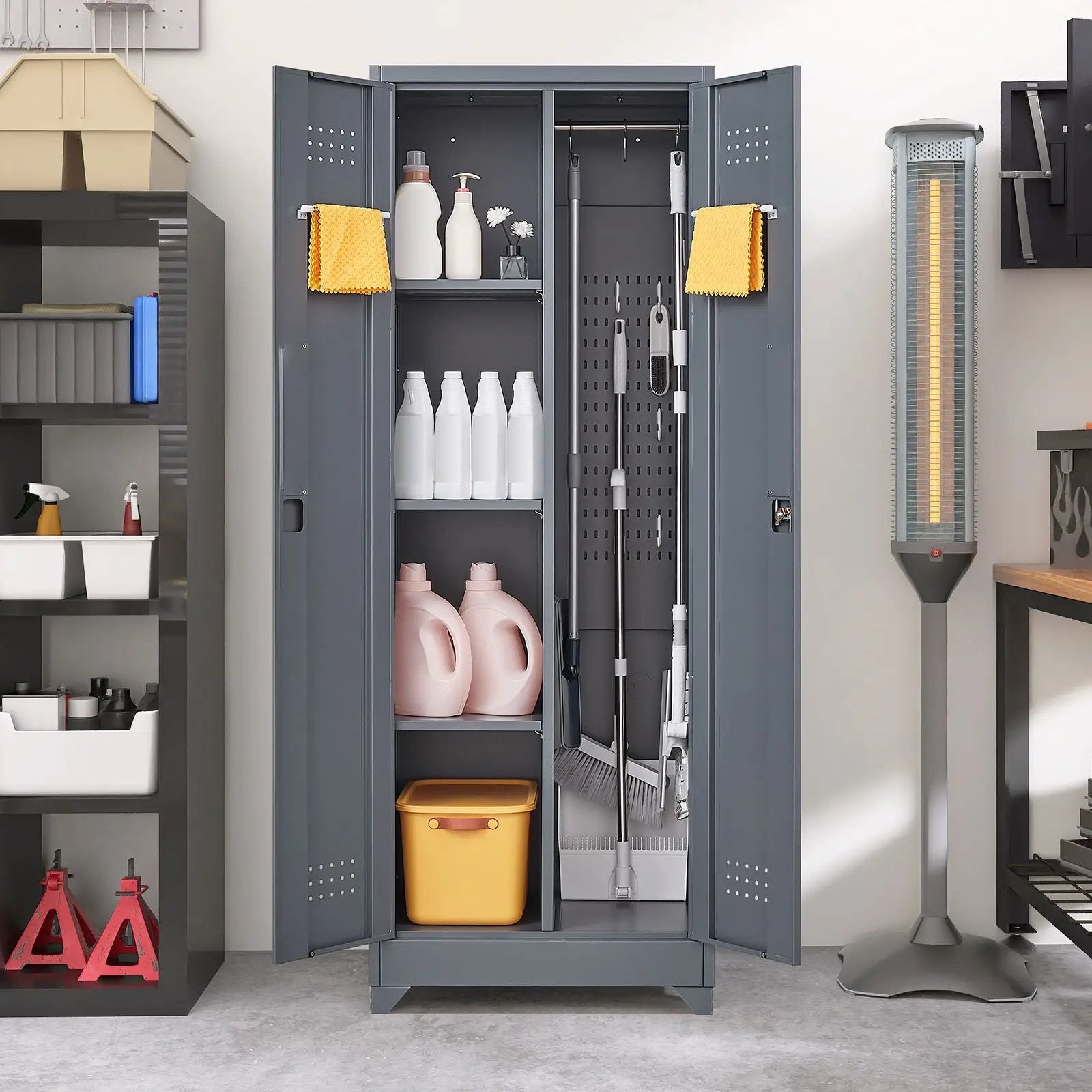 Heavy Duty Storage Cabinet With Locking Doors, Hanging Rod & Shelves, Broom Closet - Gray by HouseOfZazla