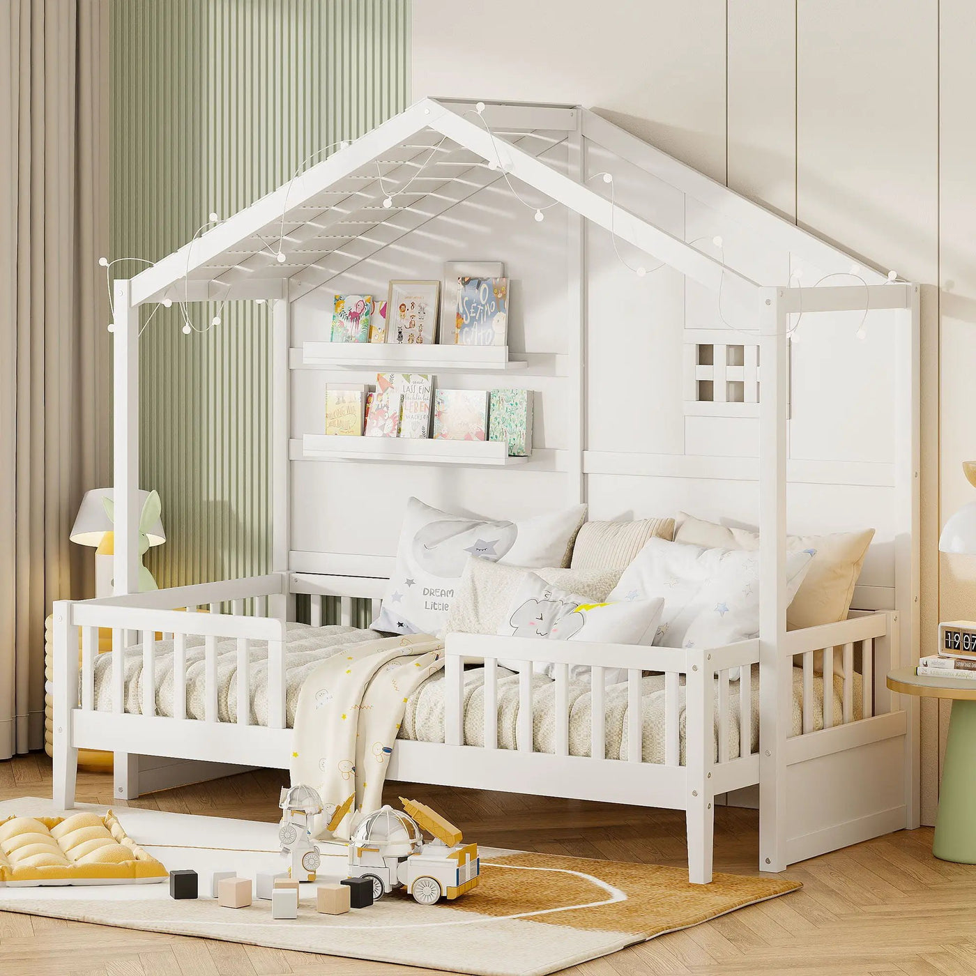 House Bed With Shelves, Window And Sparkling Light Strip On The Roof by Unique Piece Furniture