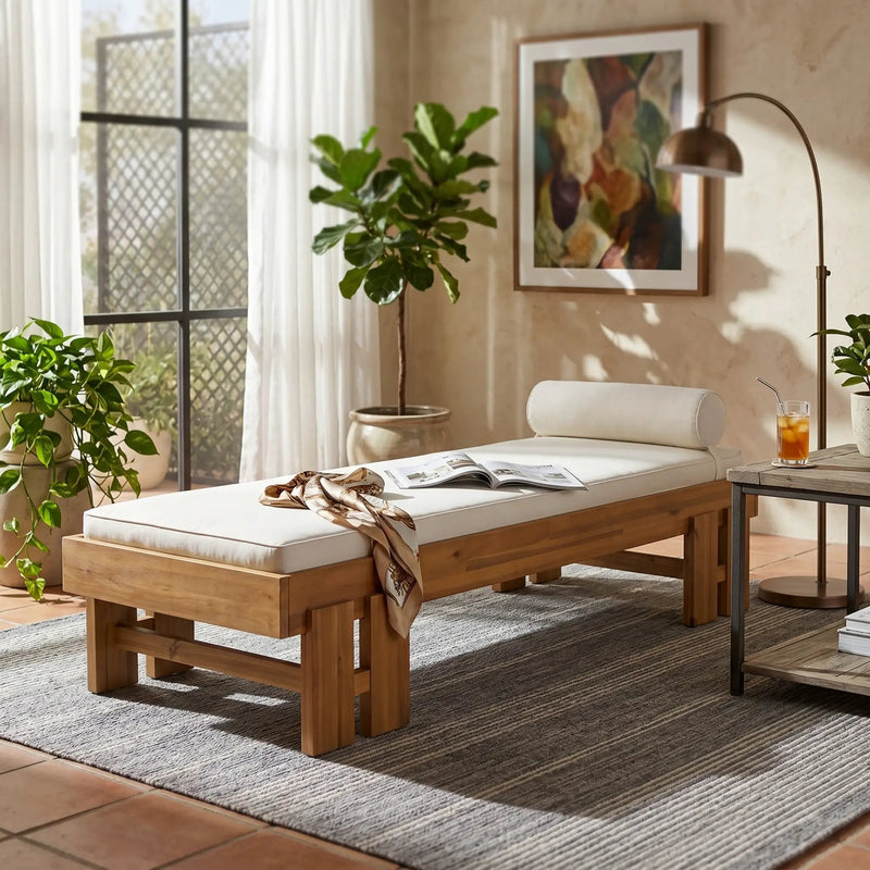 Teak Finish Acacia Wood Daybed with Cream Cushion by HouseOfZazla