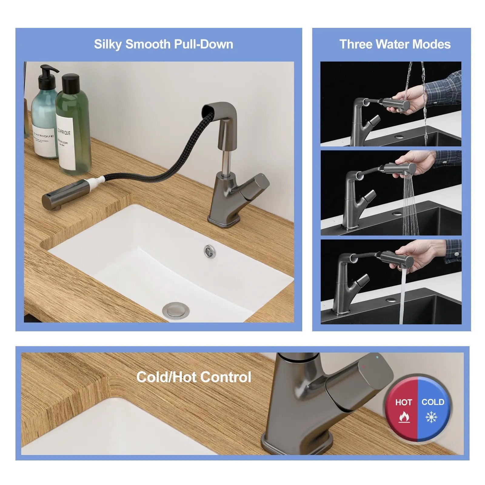 Pull Down Bathroom Sink Faucet With 3 Water Modes And Stainless Steel Construction - Gunmetal Black by HouseOfZazla