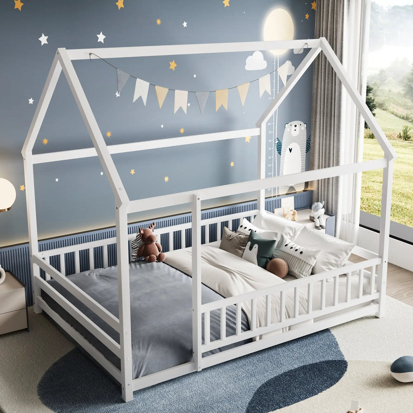 Full Size Floor Wooden Bed with House Roof Frame by HouseOfZazla