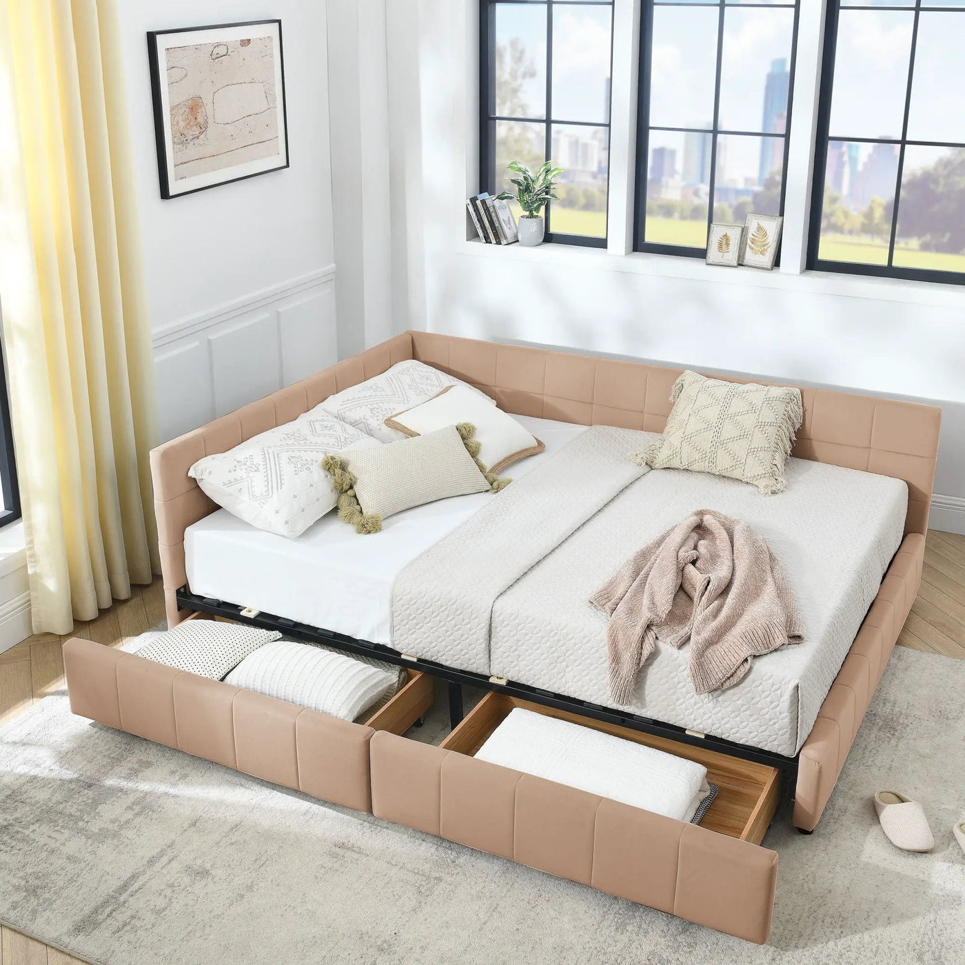 Mid-Century Storage Upholstered Tufted Bed Frame With Backrest And Armrests by Unique Piece Furniture
