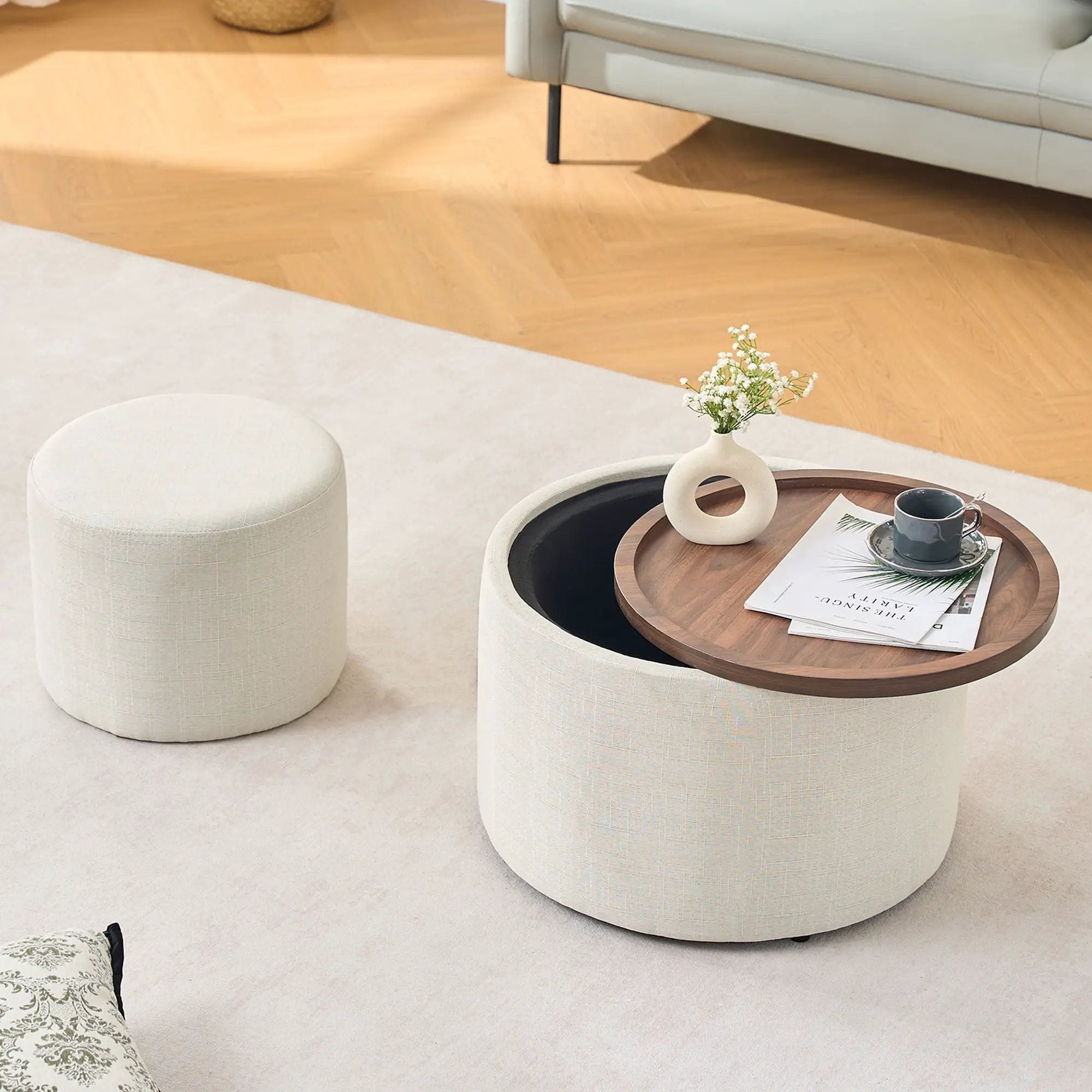 Nesting Ottomans, Round Coffee Table & Bench With Tray (Set of 2)