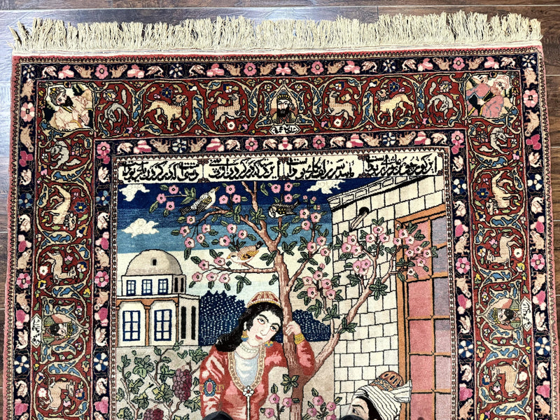 Wonderful Persian Kashan Pictorial Rug 4.7 x 6.5, Persian Rug for Wall Hanging, Handmade Antique Wool Carpet Animal Motifs Poetry Lovers, 240 KPSI by Jewel Rugs