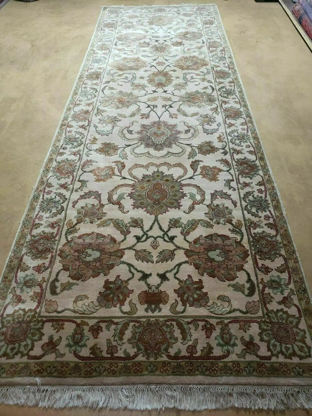 4x12 Vintage Oriental Runner Rug Hand Knotted Indian Agra Wool Tea Washed Beige by Jewel Rugs