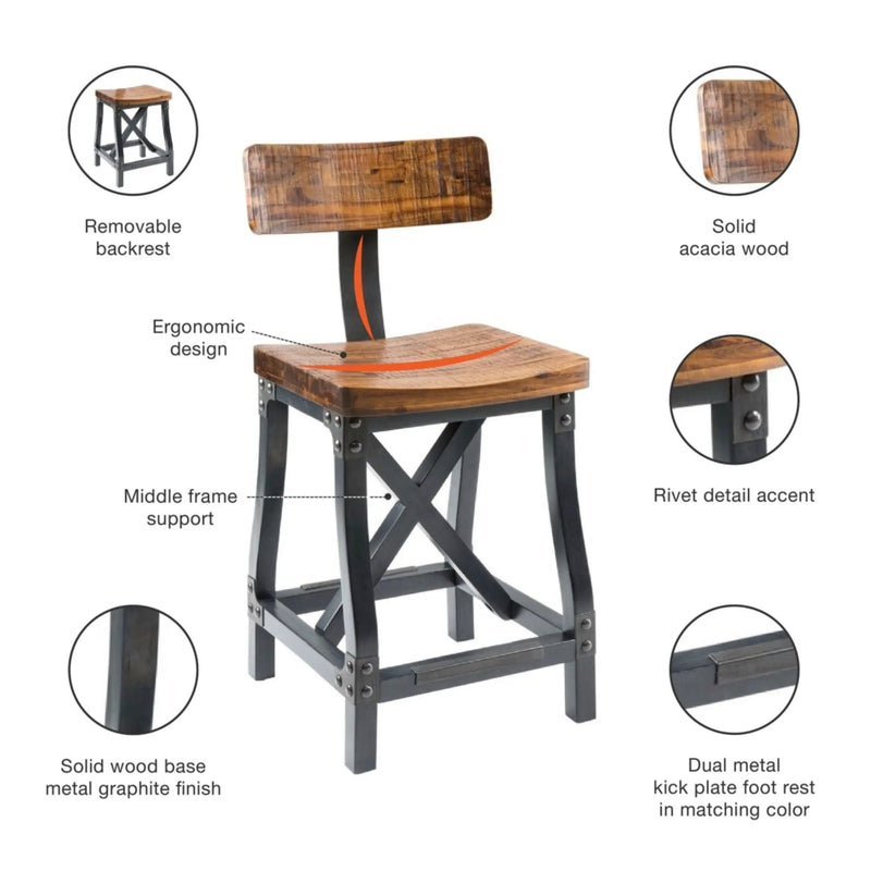 Industrial Counter Stool With Back Removable Solid Acacia - Amber by Unique Piece Furniture
