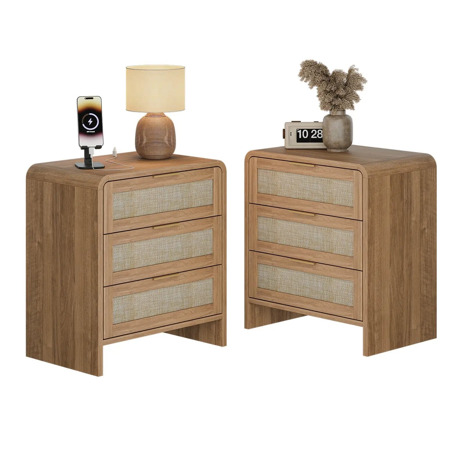 Rattan Nightstand Set of 2 with 3 Drawers in Caramel Oak by HouseOfZazla