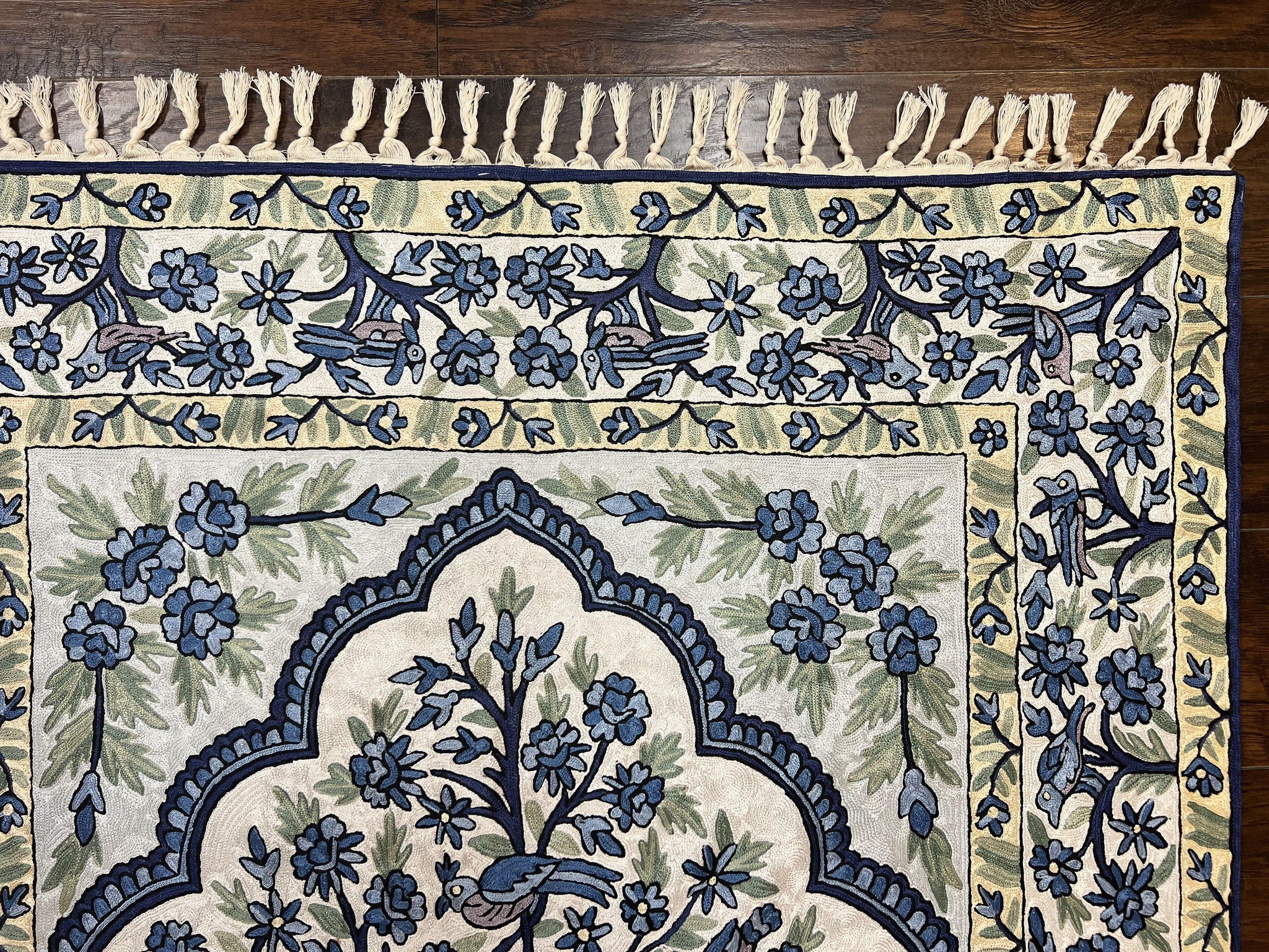 Tree of Life Indian Hand Stitched Rug 4x6, Indian Wall Hanging Rug, Ivory Blue, Silk on Cotton, Vintage by Jewel Rugs