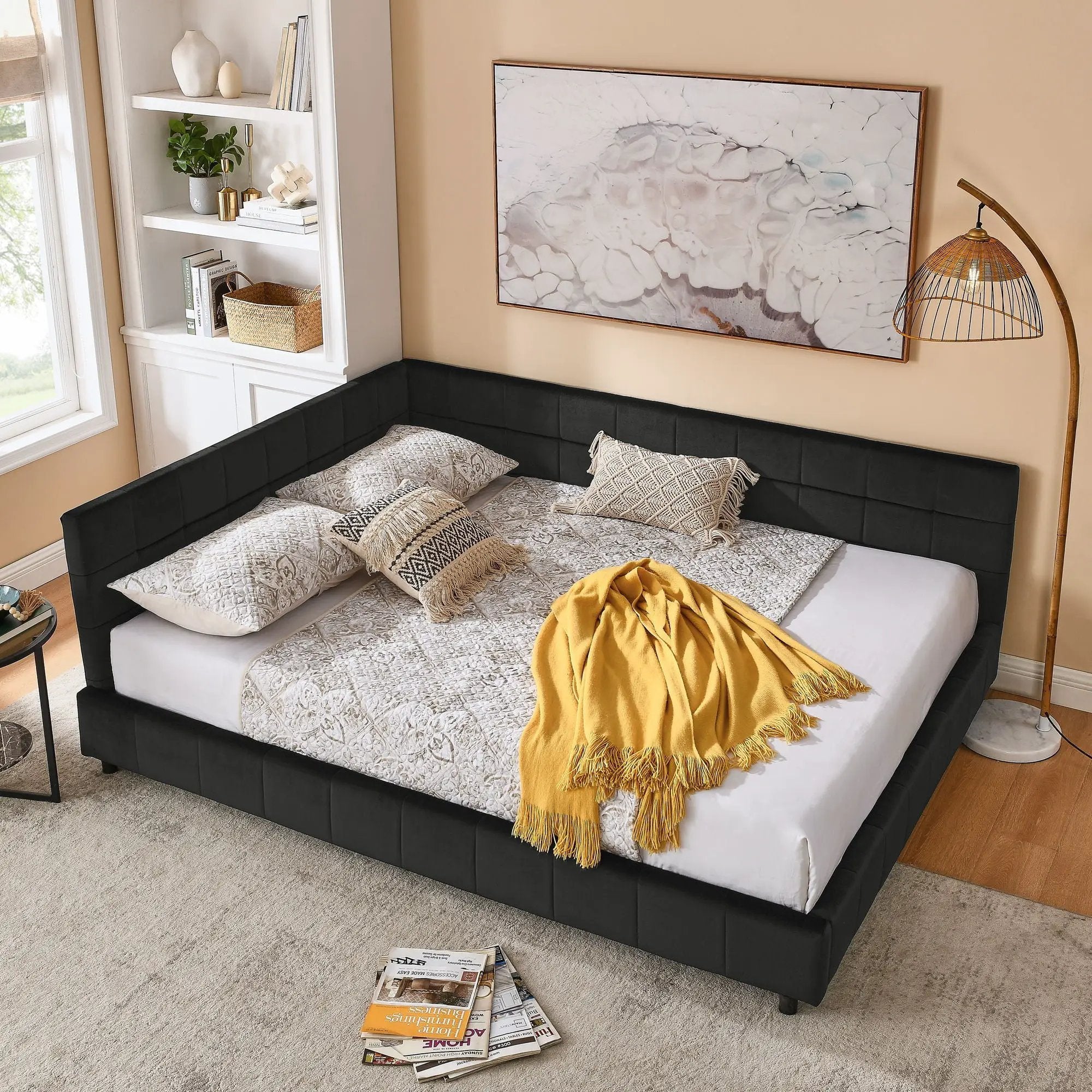 Mid-Century Storage Upholstered Tufted Bed Frame With Backrest And Armrests by Unique Piece Furniture