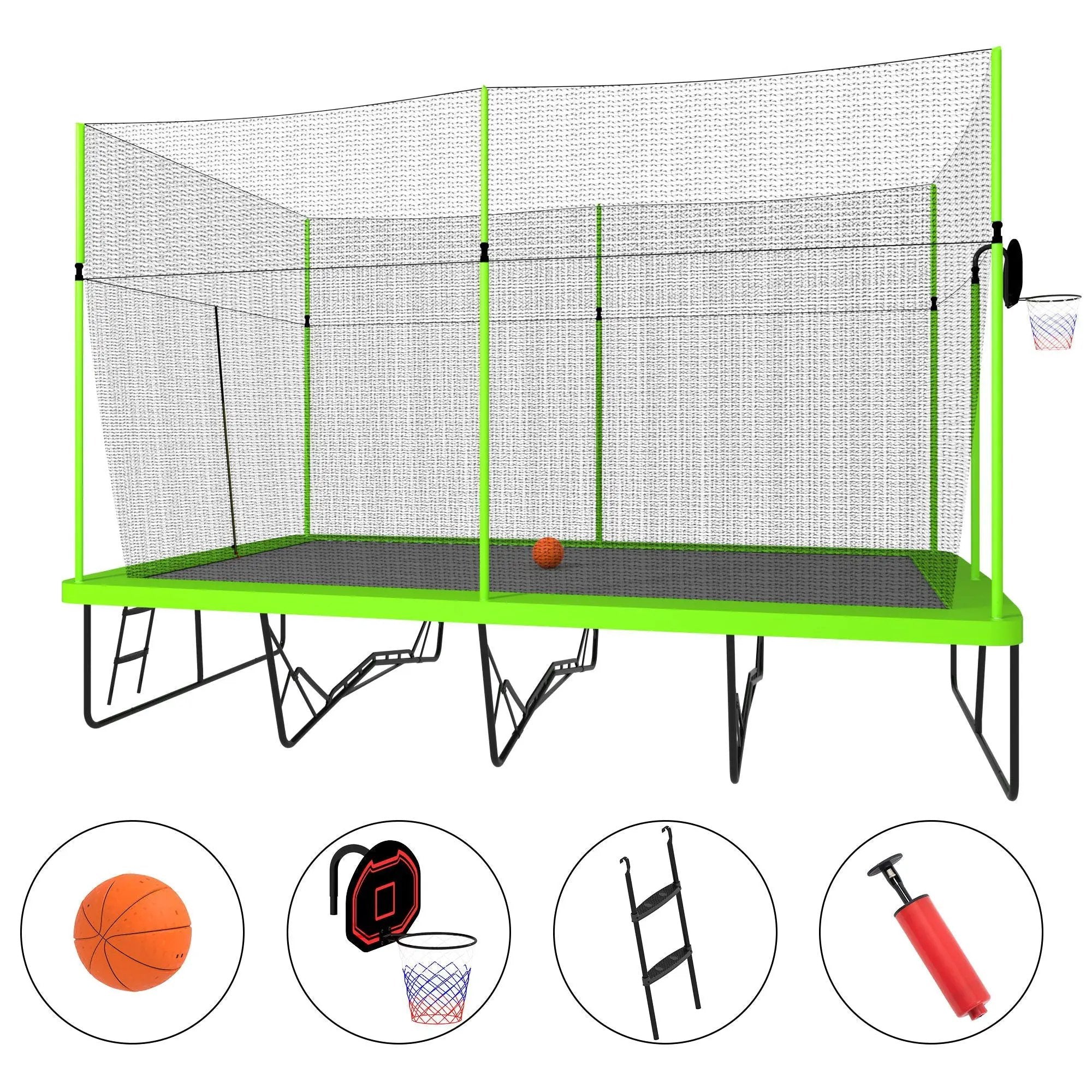 10Ft By 17Ft Rectangule Trampoline With Powder-Coated Galvanized Steel Tubes With Basketball Hoop System Advanced Ladder - Green by HouseOfZazla