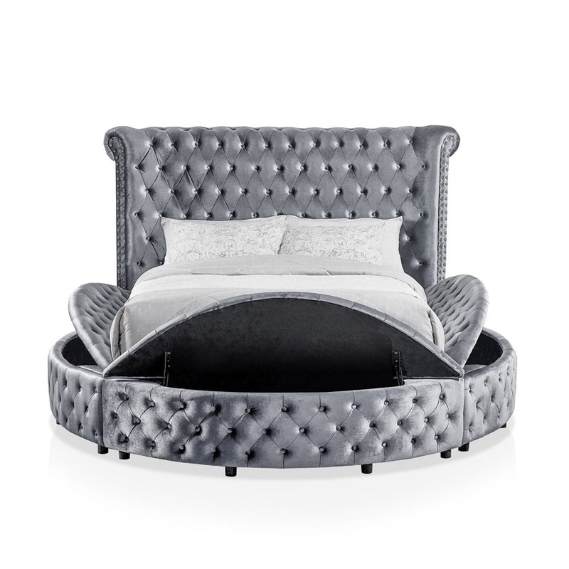 Glam Button Tufted Wingback Round Bed With Storage And USB Ports by Unique Piece Furniture