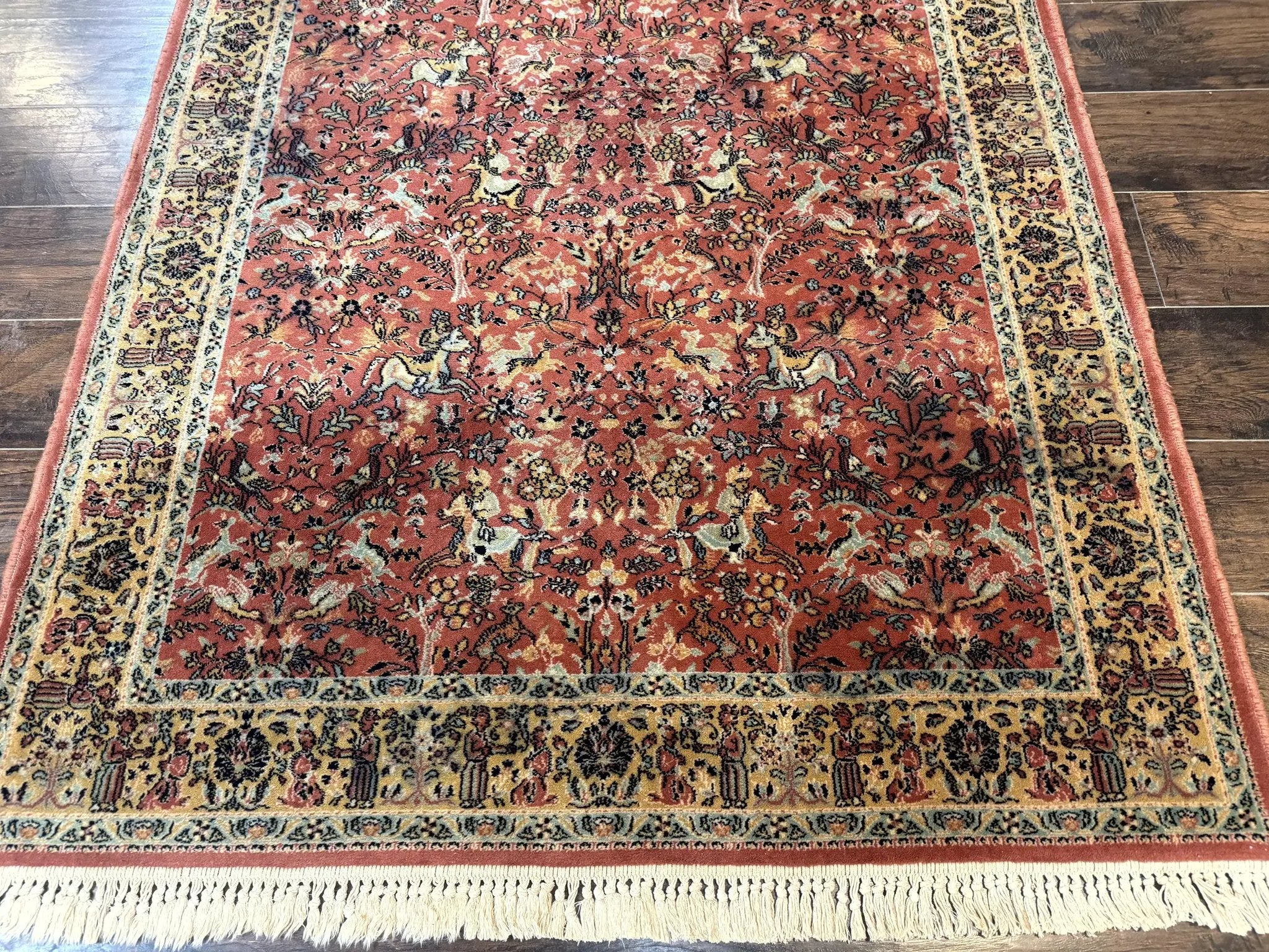 Persian Hunting Design Rug 4.7 x 6.5, Hunting Scene, Red-Orange, Wool, Belgian Power Loomed Carpet by Jewel Rugs