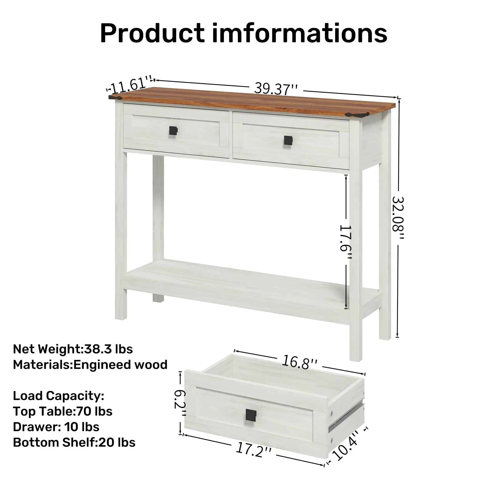 Farmhouse Style Console Table With 2 Drawers And Bottom Storage Shelf by Unique Piece Furniture