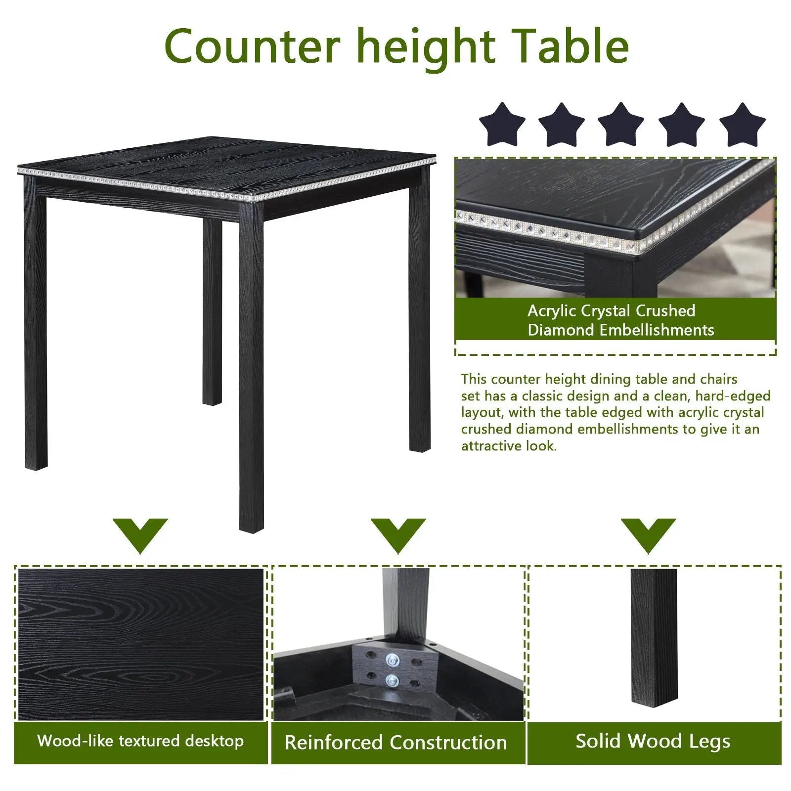 5 Pieces Counter Height Table Set, Kitchen Table With Square Table And 4 Upholstered Chairs by Unique Piece Furniture