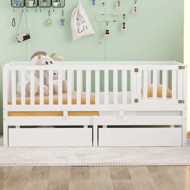 Daybed With Fence Guardrails And 2 Drawers, Split Into Independent Floor Bed & Daybed by HouseOfZazla