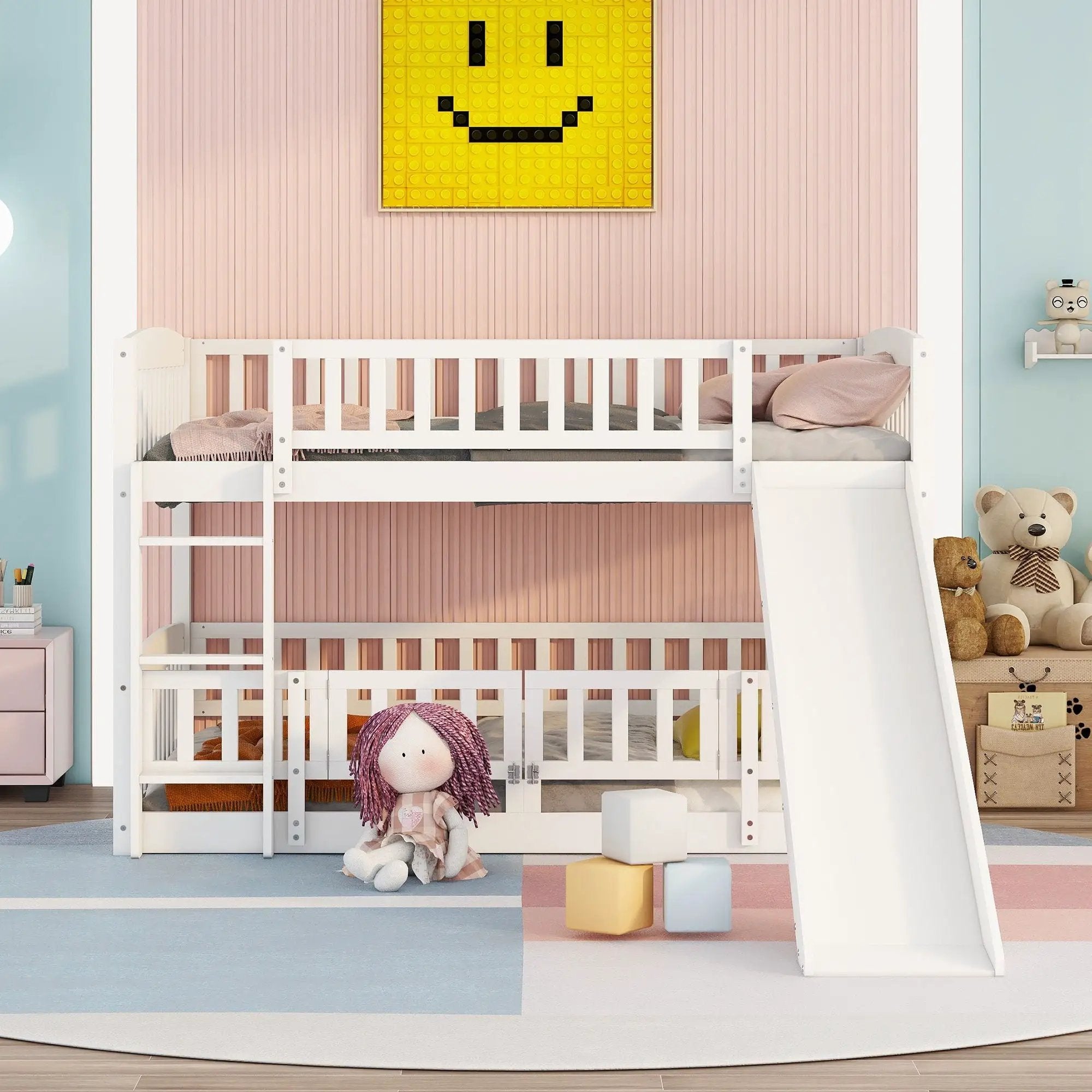 Low Bunk Bed With Slide, Fence And Ladder