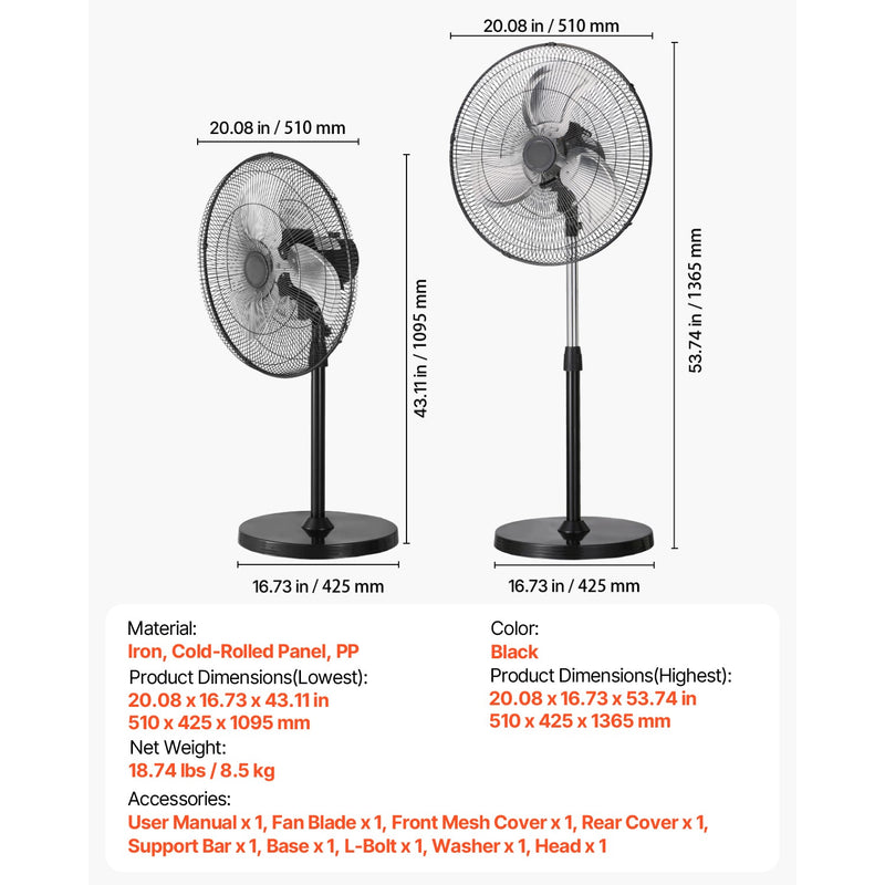 18" Industrial Pedestal Fan 3-Speed Oscillating Fan with Adjustable Height by HouseOfZazla