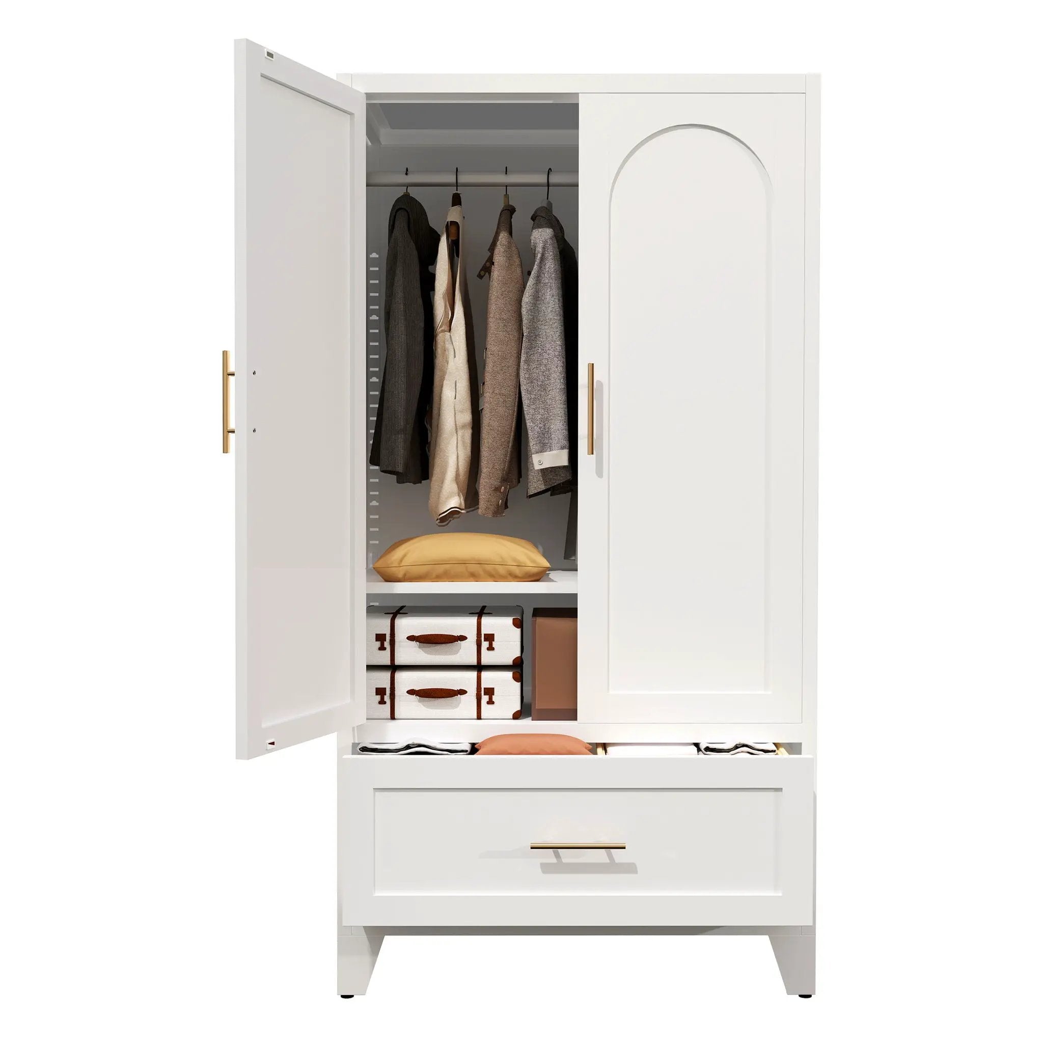 Wardrobe Cabinet With 1 Drawer And Hanging Rod, 2 Doors Closet With Shelf For Bedroom - White by Unique Piece Furniture