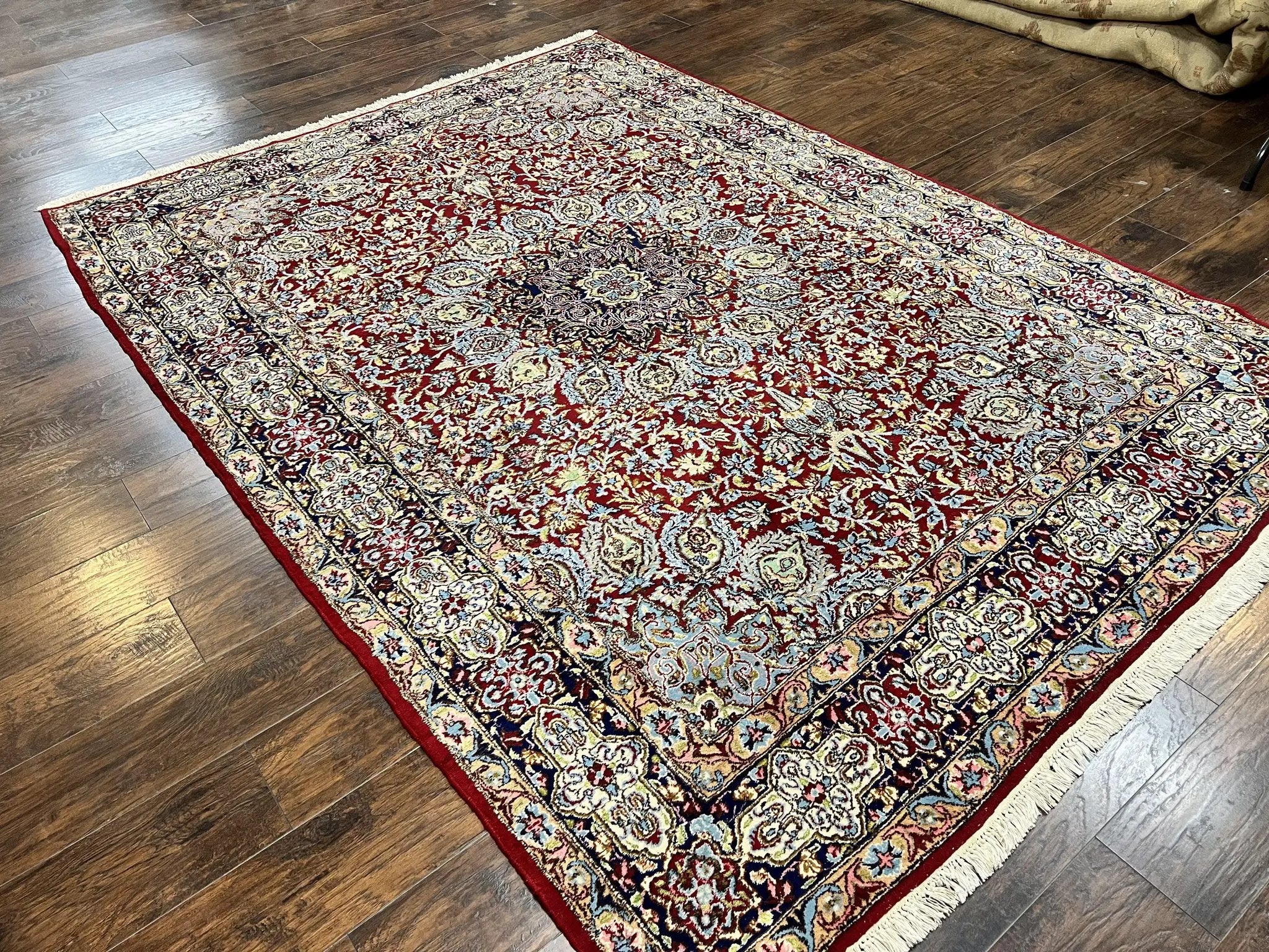 Persian Kirman Rug 7x10, Hand Knotted Wool Floral Medallion Carpet, Dark Red by Jewel Rugs