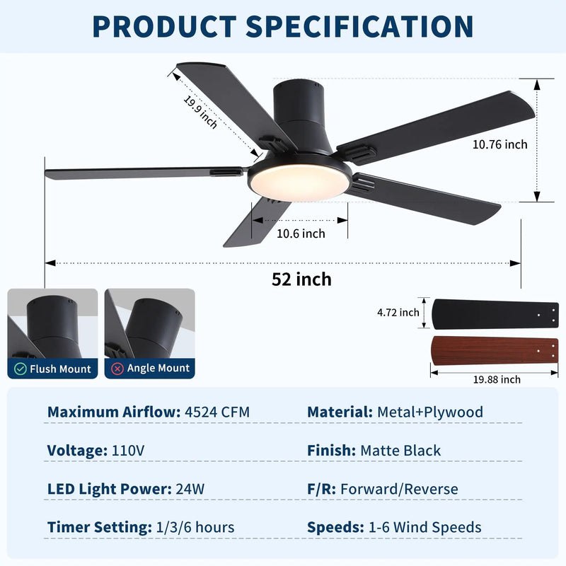 Flush Mount Ceiling Fans With LED Light And Remote Control, 5 Blades by HouseOfZazla