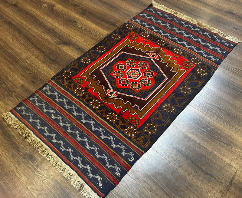 Afghan Rug 3x5, Tribal, Navy Blue, Wool, Handmade, Geometric, Rustic by Jewel Rugs