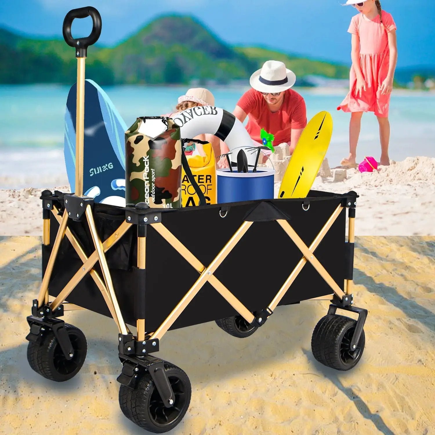 Aluminum Alloy Folding Wagon, Heavy Duty Utility Beach Wagon Cart For Sand With Big Wheels, Adjustable Handle & Drink Holders For Shopping, Camping, Garden And Outdoor by HouseOfZazla