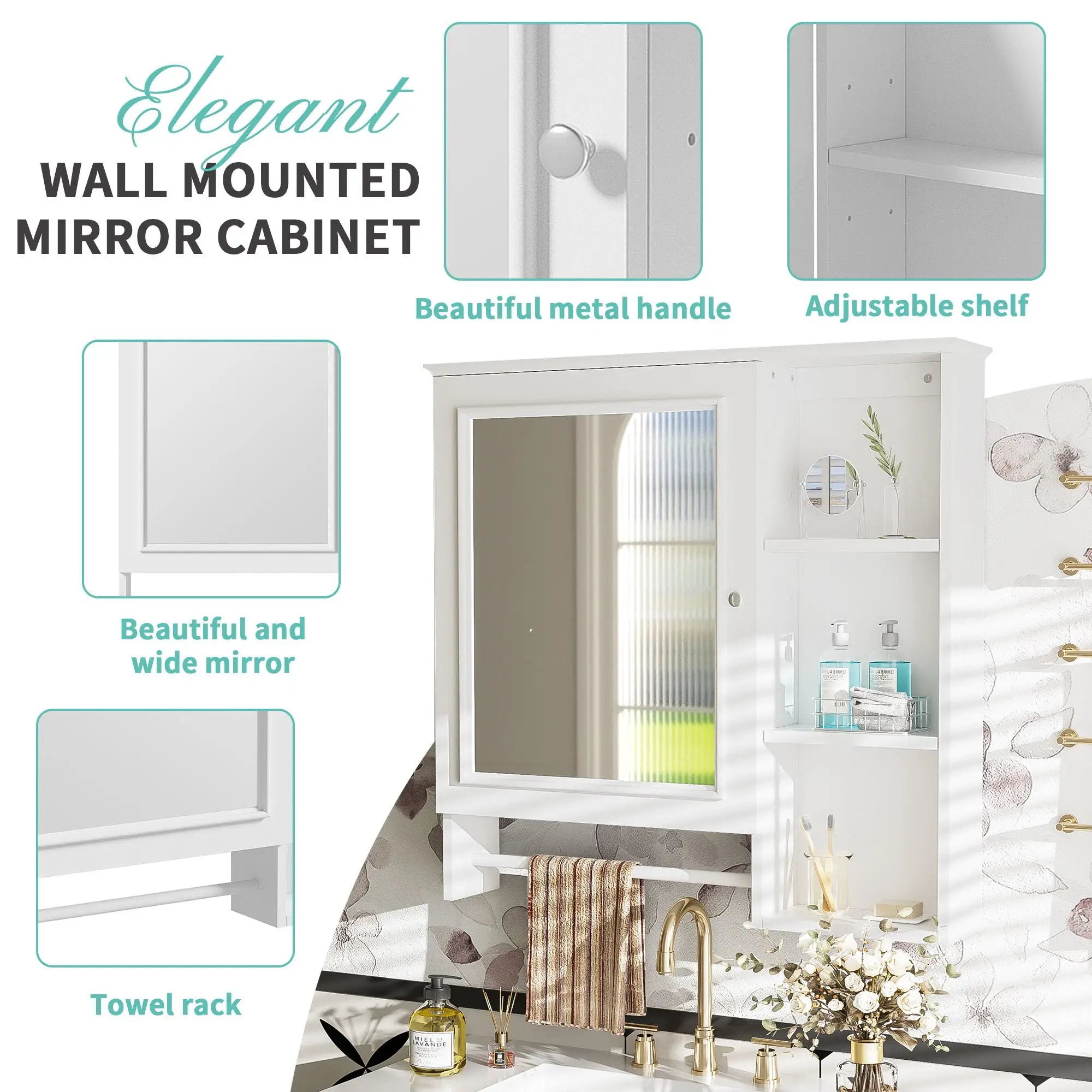 Wall Mounted Bathroom Storage Cabinet, Medicine Cabinets With Large Mirror Door, Adjustable Shelves And Three Open Storage Levels(Not Include Bathroom Vanity) by HouseOfZazla