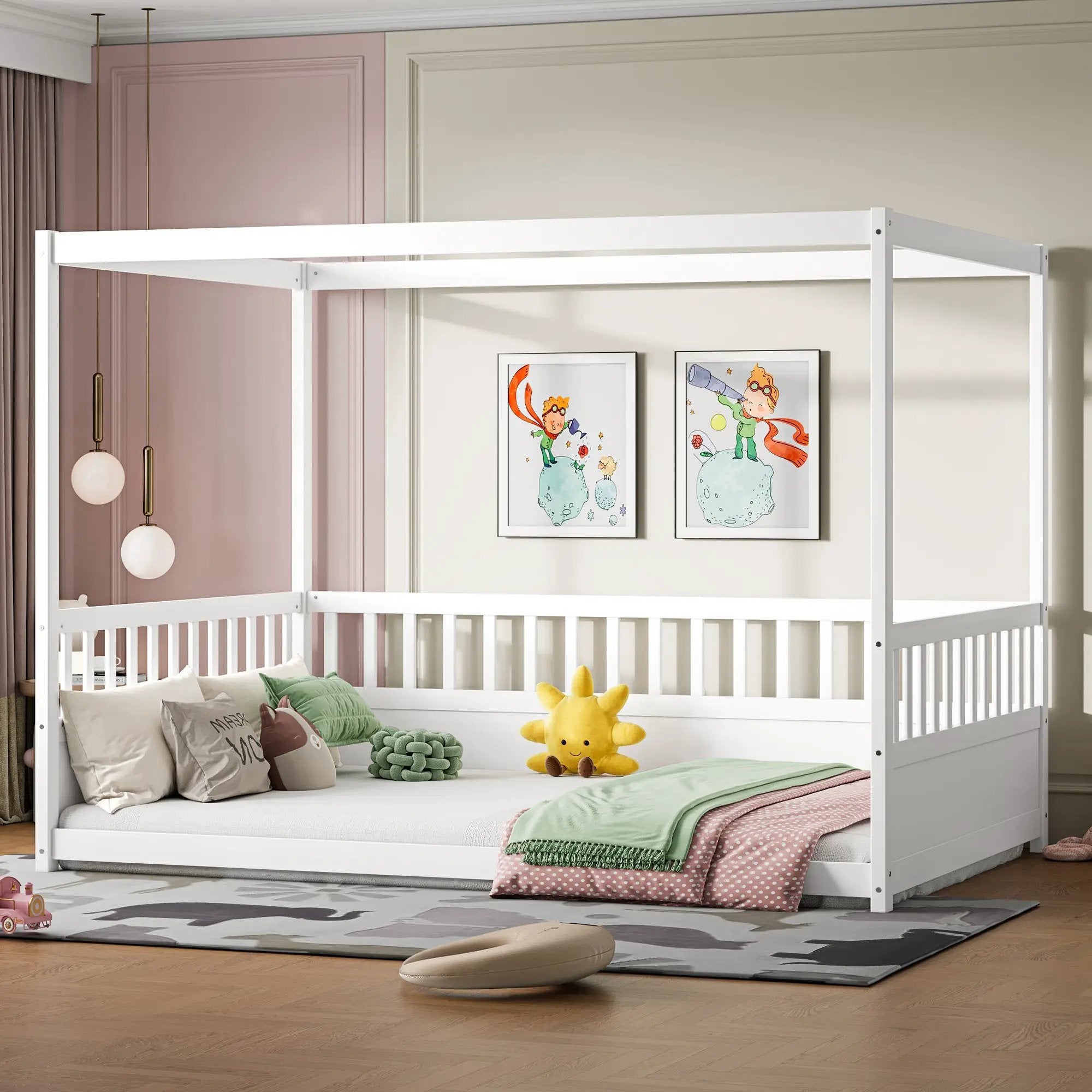 Full Size Canopy Bed Frame with Guardrails for Kids by HouseOfZazla
